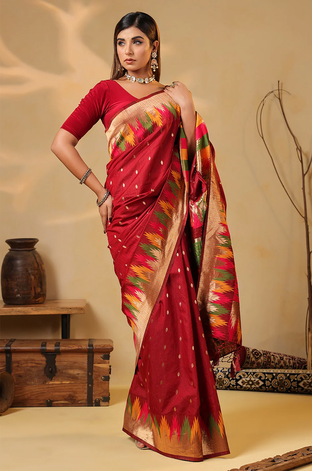 Maroon Cotton Silk Woven Saree - Image 8