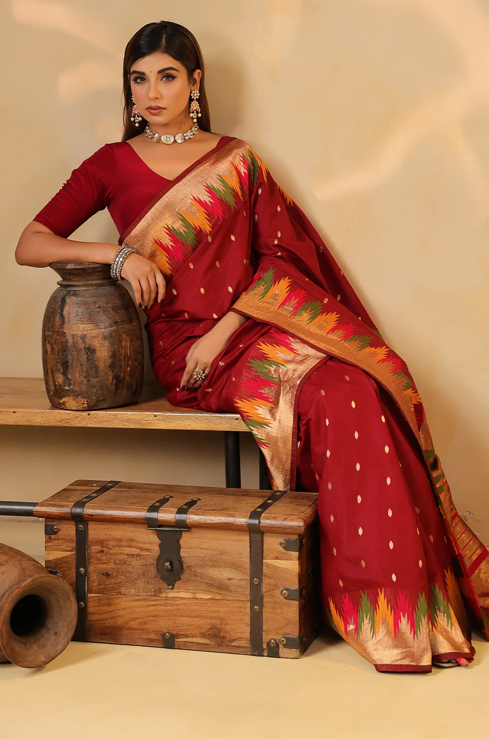 Maroon Cotton Silk Woven Saree - Image 9