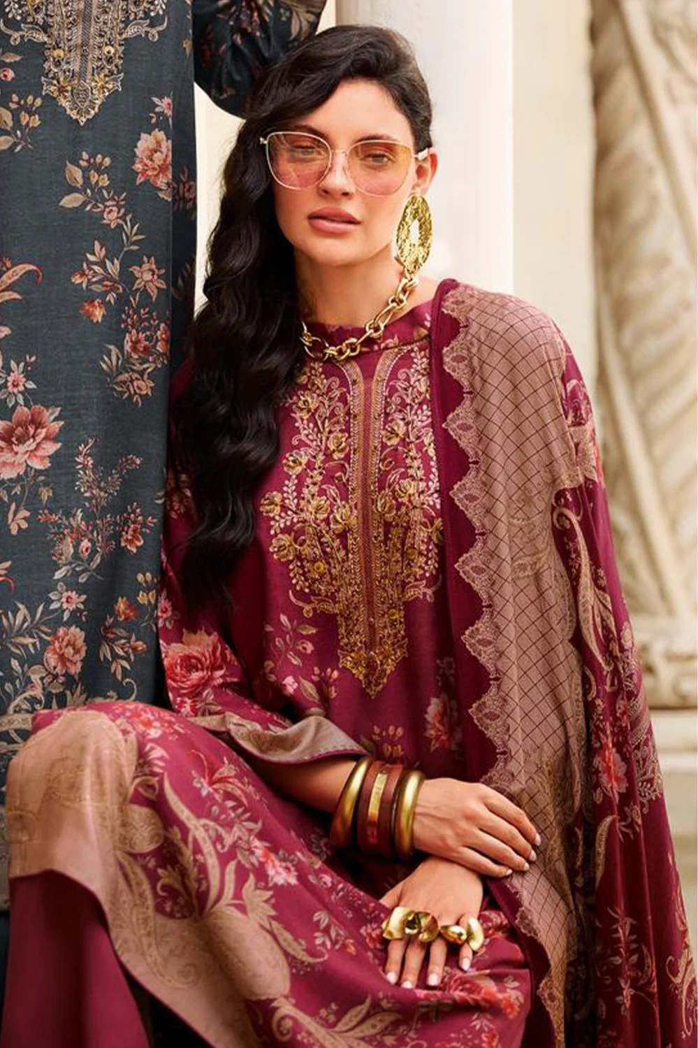 Maroon Spun Floral Printed Unstitched Suit Fabric - Image 3