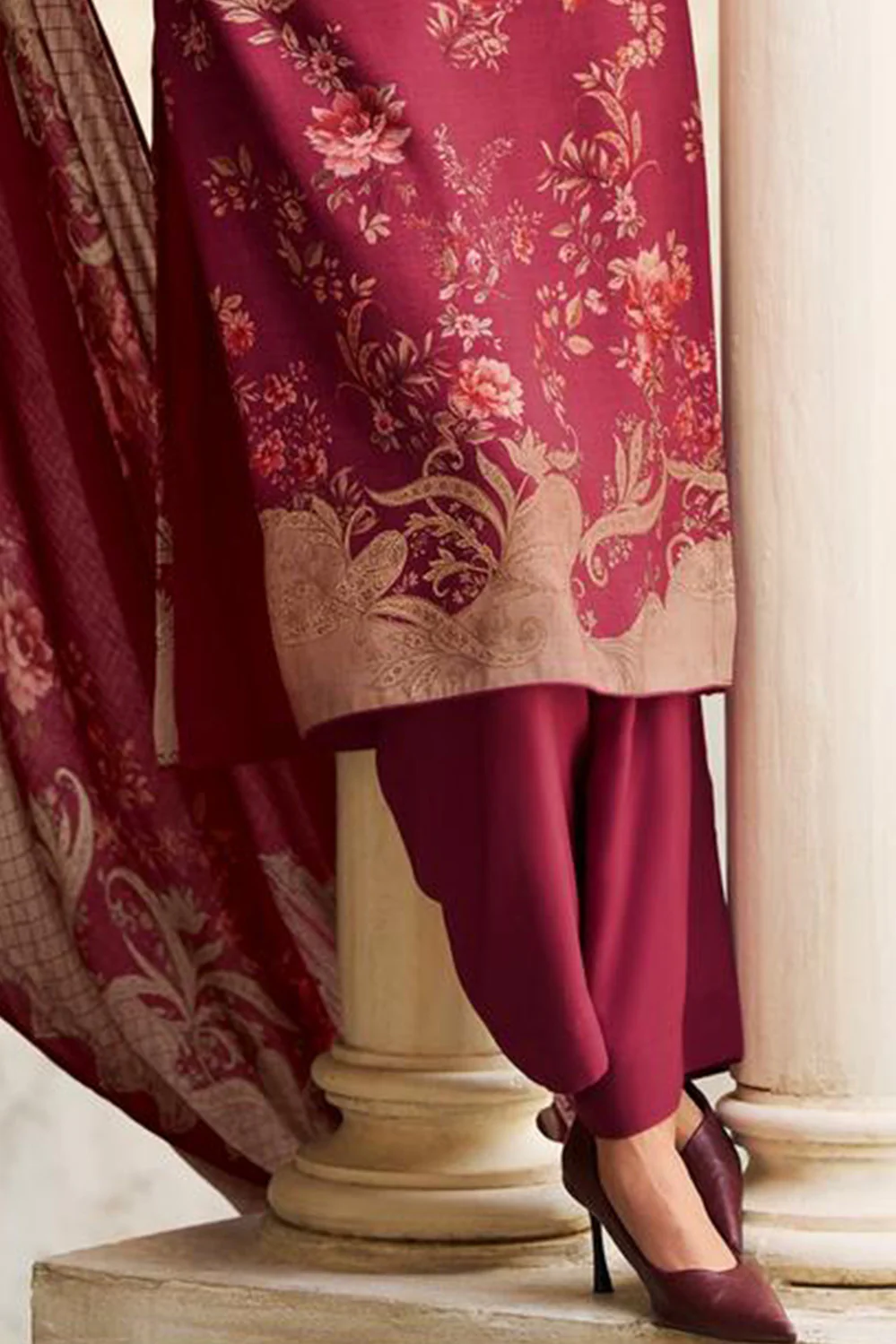 Maroon Spun Floral Printed Unstitched Suit Fabric - Image 4