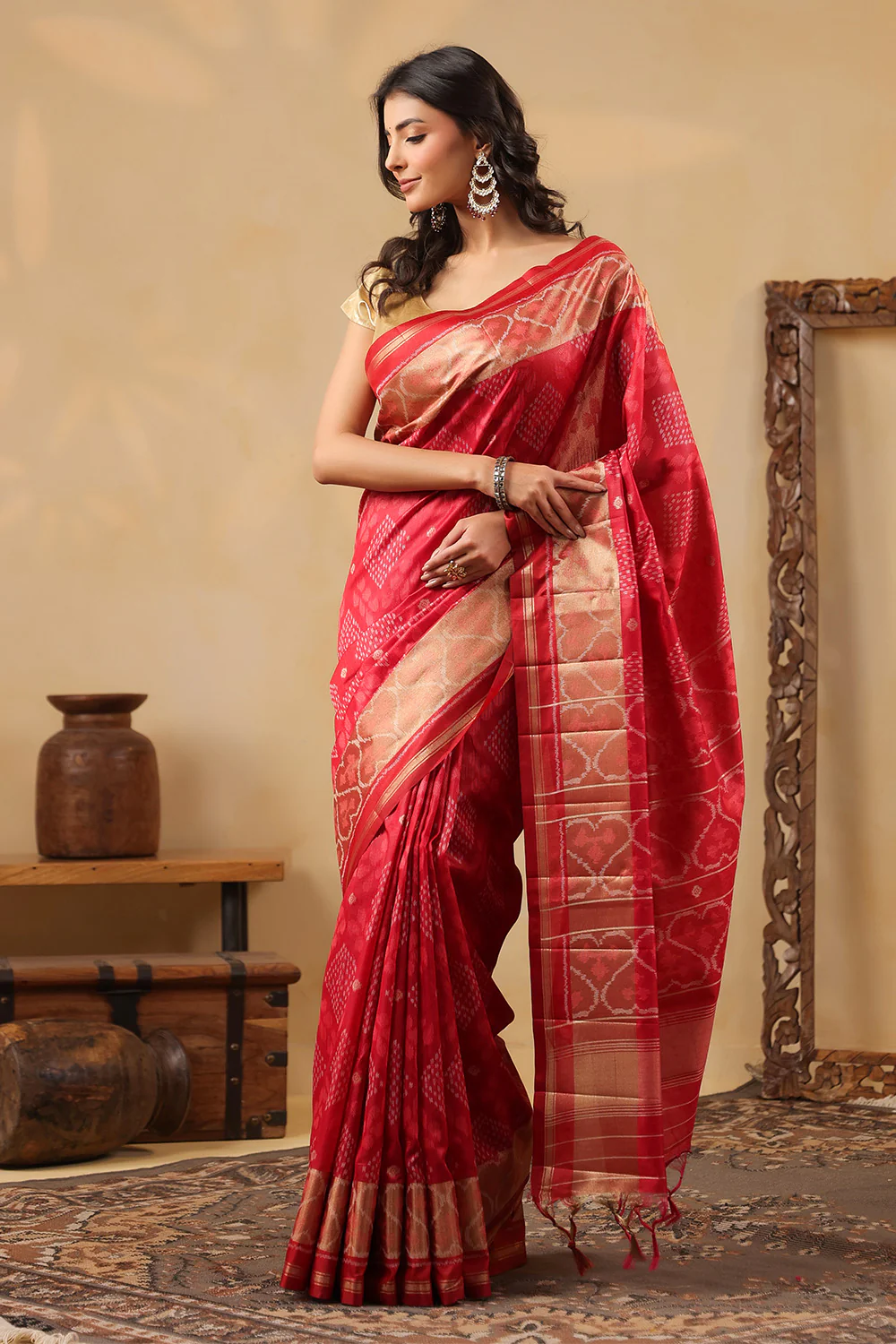 Maroon Tussar Silk Woven Saree - Image 2