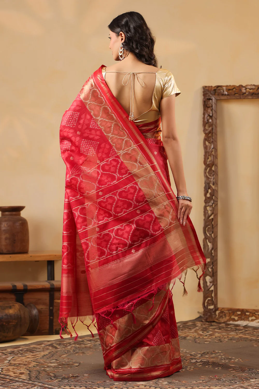 Maroon Tussar Silk Woven Saree - Image 3