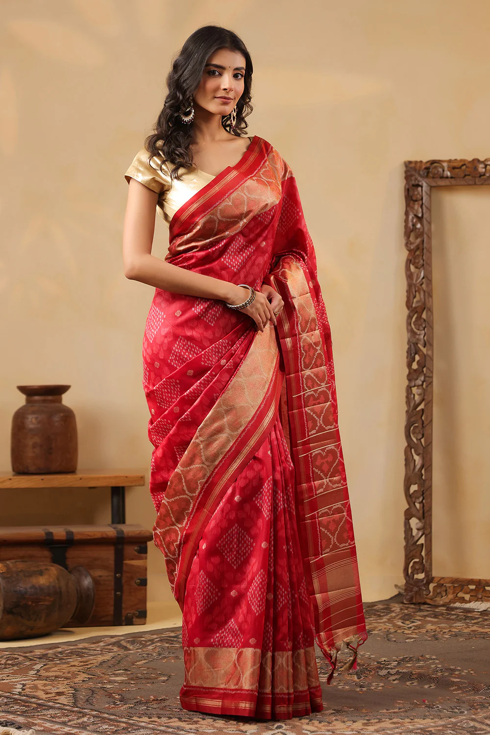 Maroon Tussar Silk Woven Saree - Image 4
