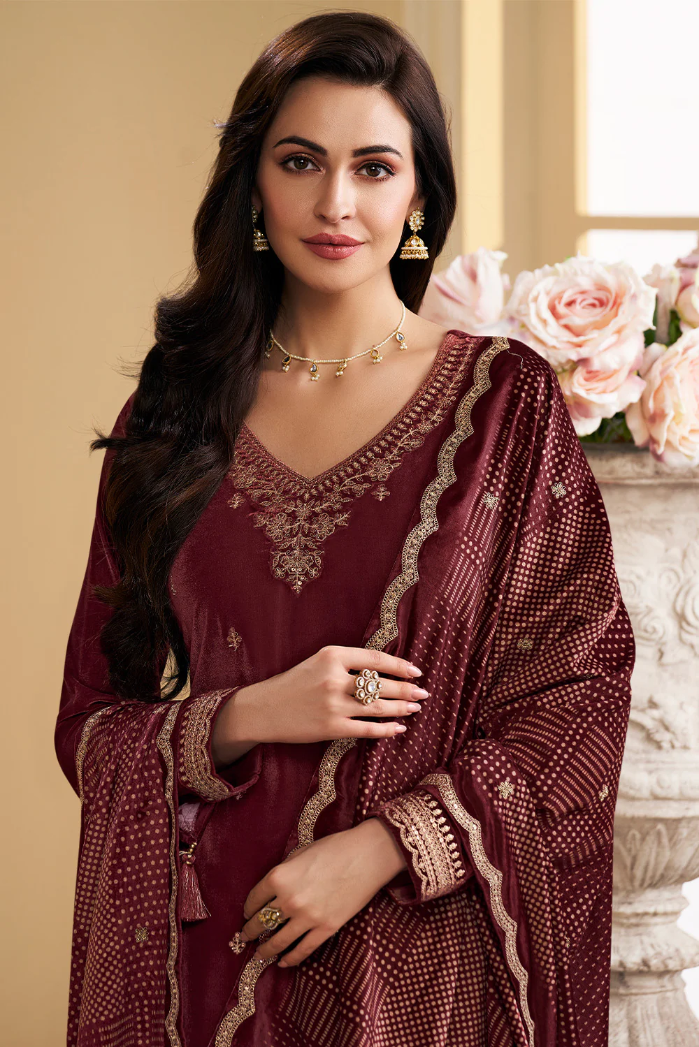 Maroon Velvet Zari and Sequins Embroidered Unstitched Suit Fabric - Image 3