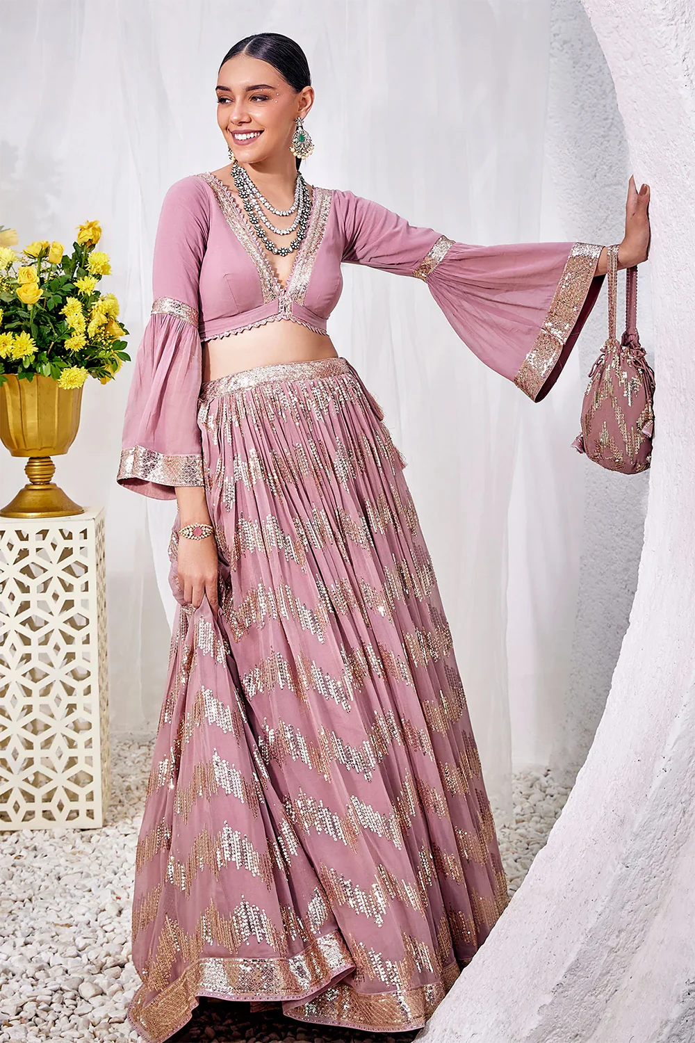 Mauve Color Sequins Embroidered Georgette Lehenga - Image 3