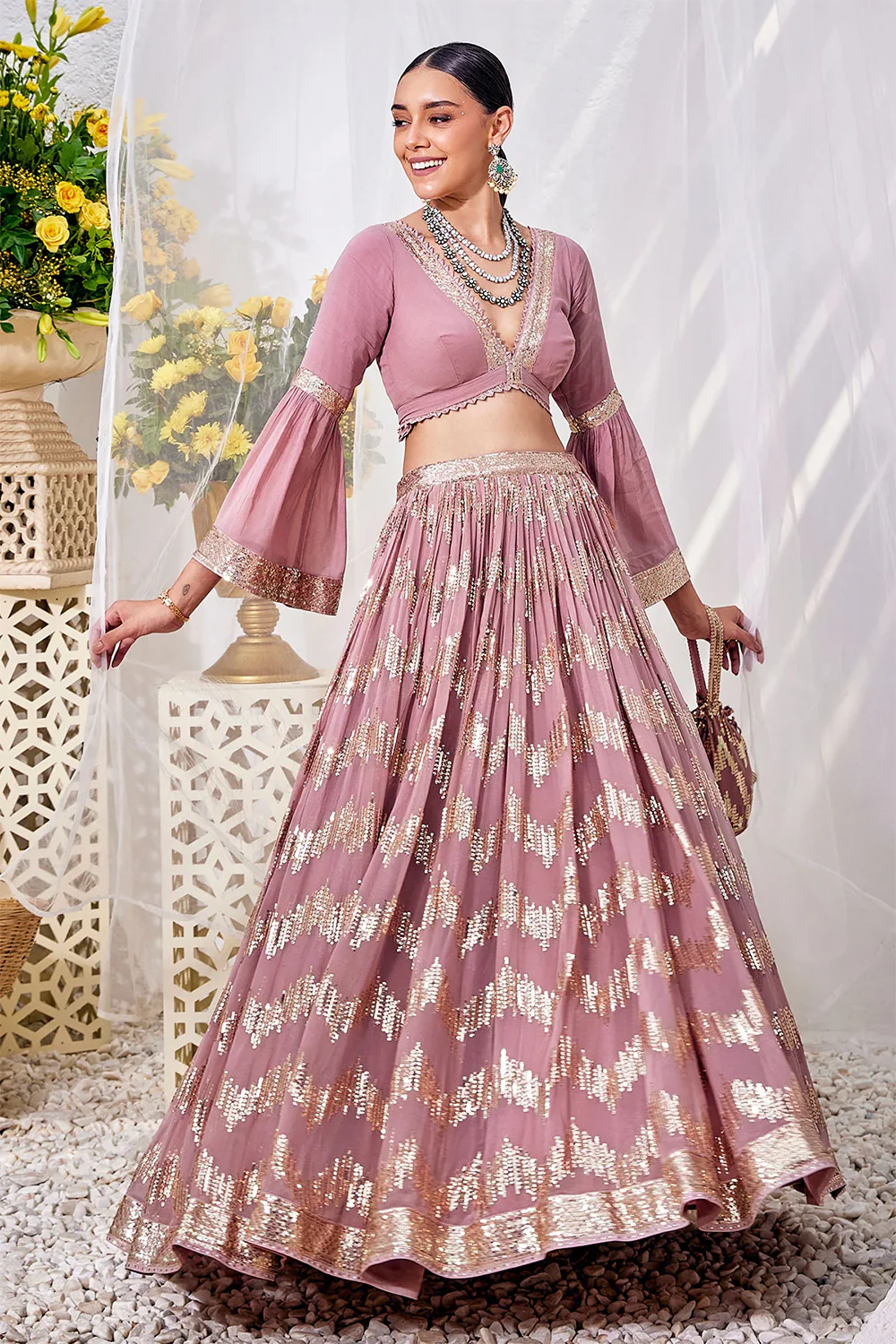 Mauve Color Sequins Embroidered Georgette Lehenga - Image 5