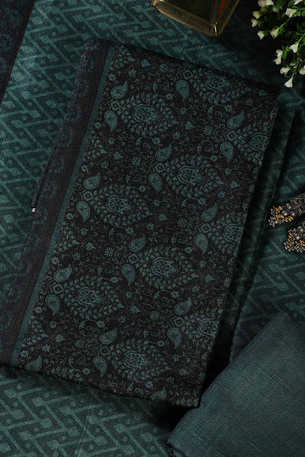 Mint Green And Black Digital Printed Chanderi Cotton Unstiched Suit Material - Image 2