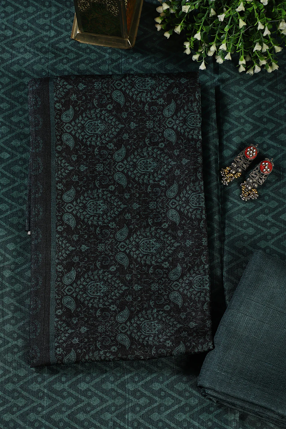 Mint Green And Black Digital Printed Chanderi Cotton Unstiched Suit Material - Image 3