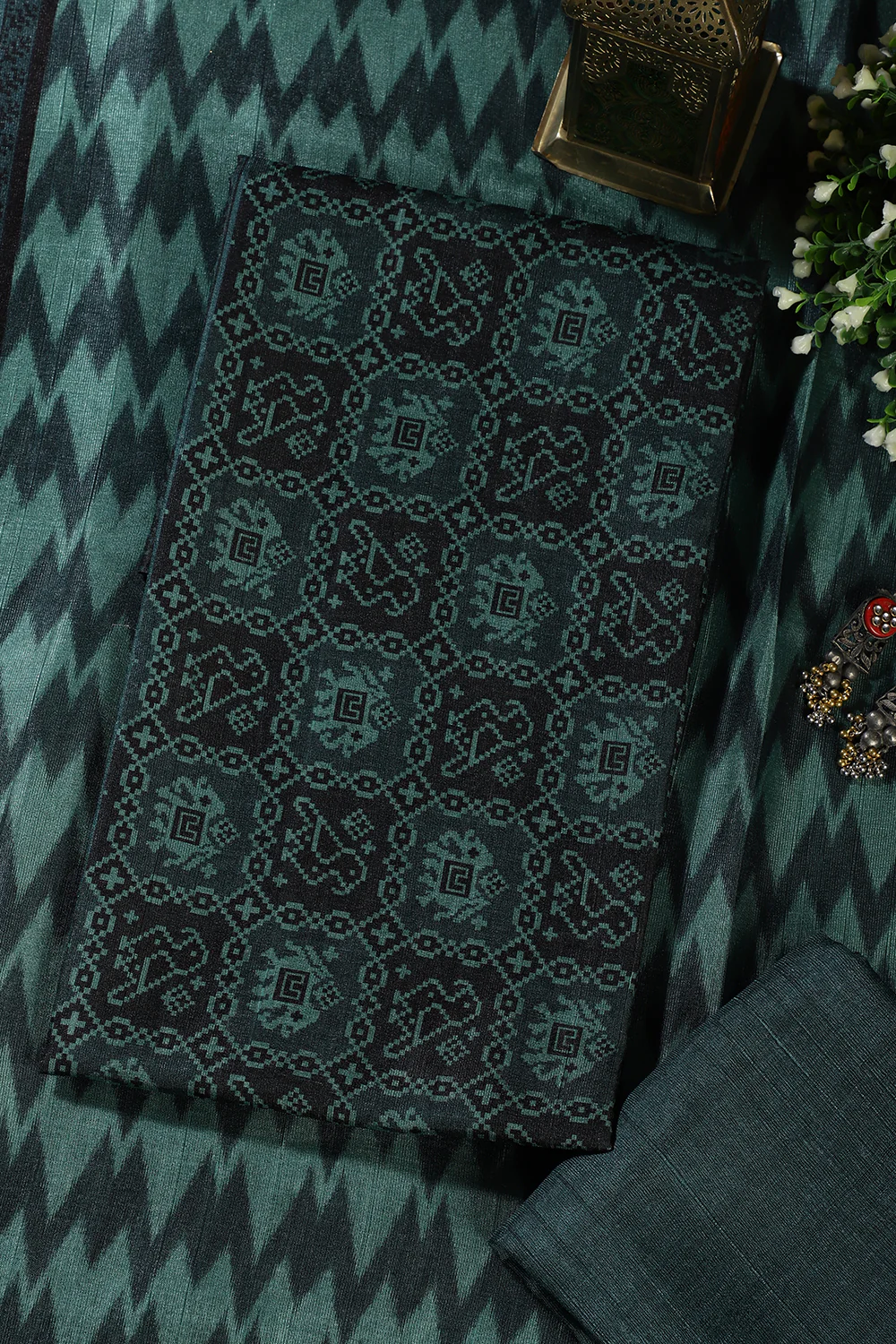 Mint Green & Black Chanderi Cotton Digital Printed Unstiched Suit Material - Image 2