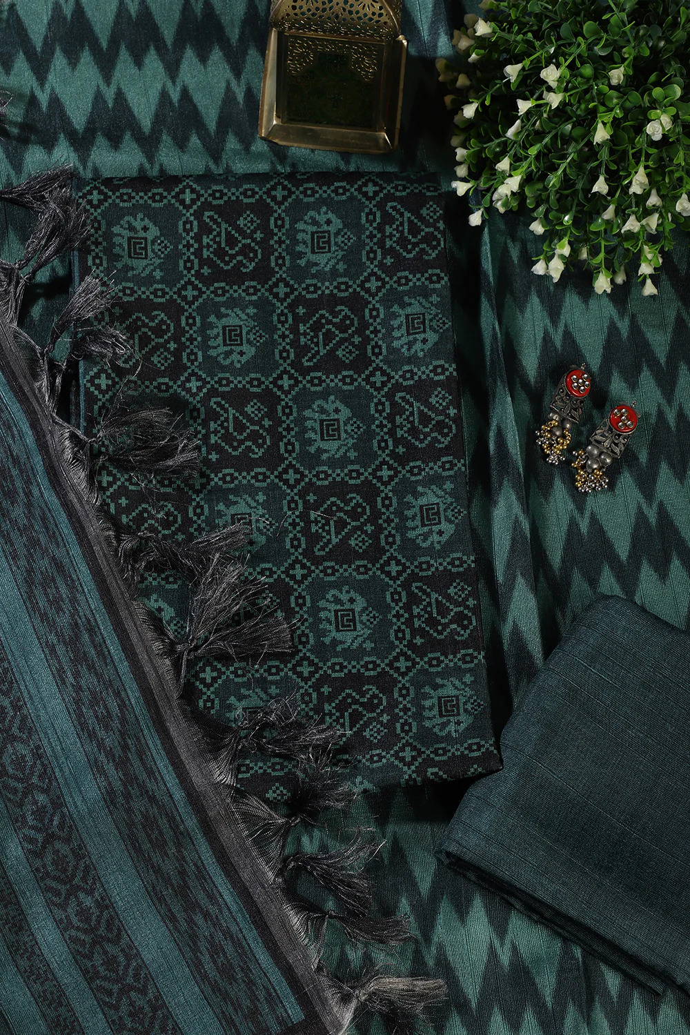 Mint Green & Black Chanderi Cotton Digital Printed Unstiched Suit Material - Image 3