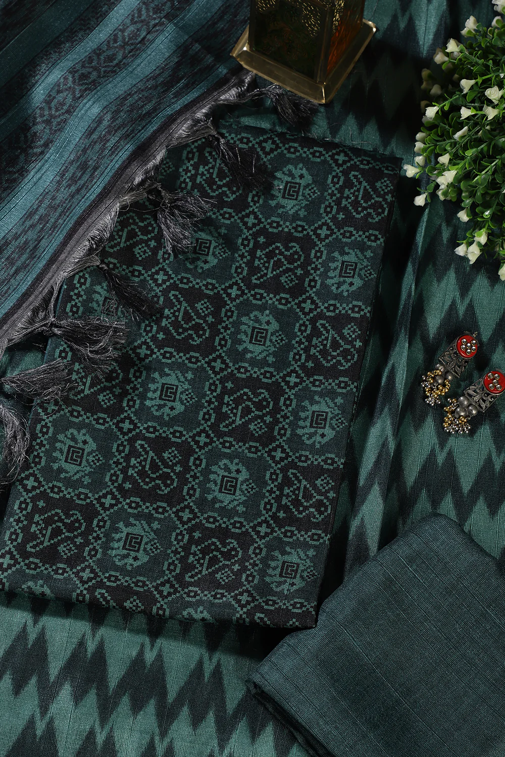 Mint Green & Black Chanderi Cotton Digital Printed Unstiched Suit Material - Image 4