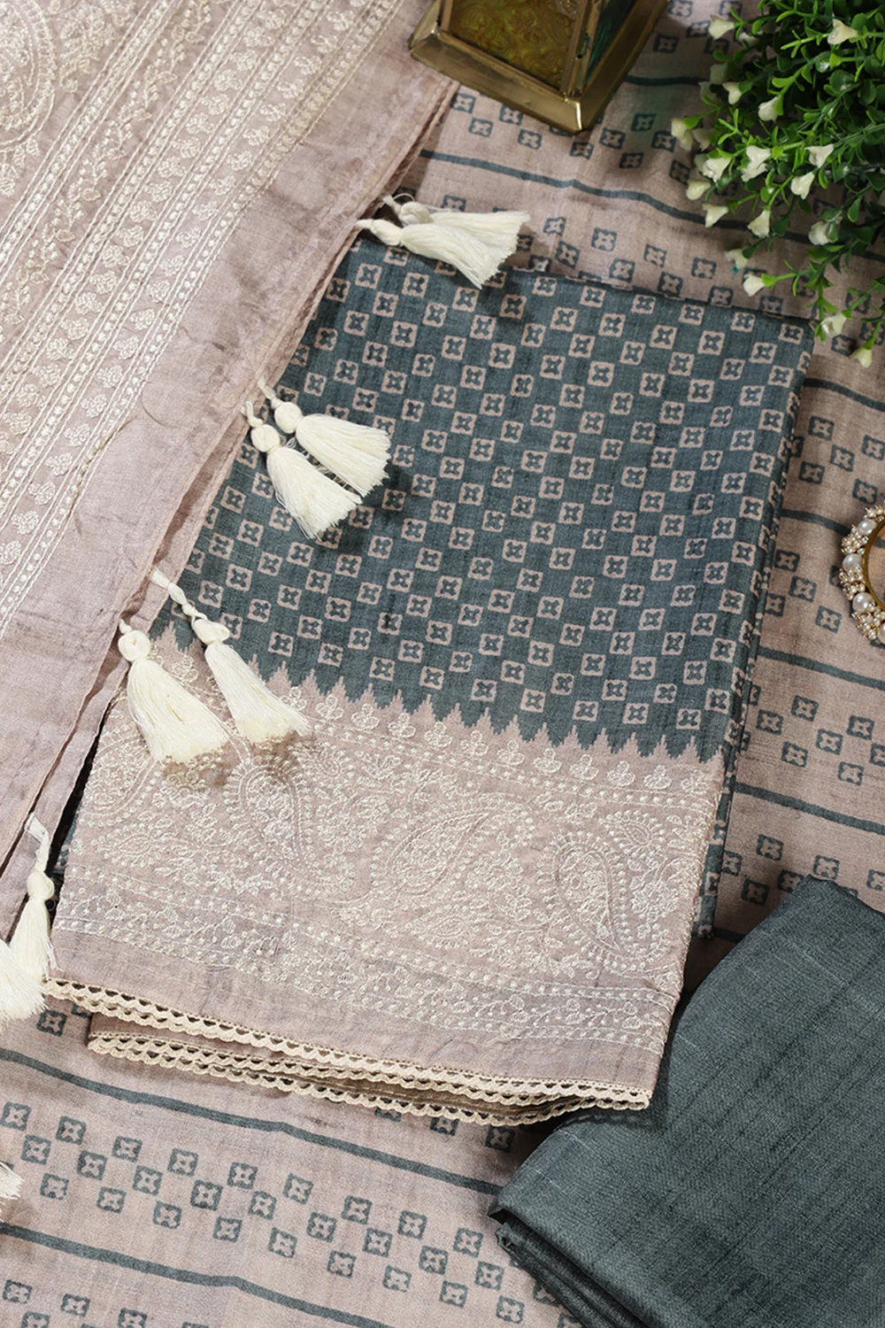 Mint Green Tussar Cotton Printed And Reham Embroidered Unstiched Suit Material - Image 3
