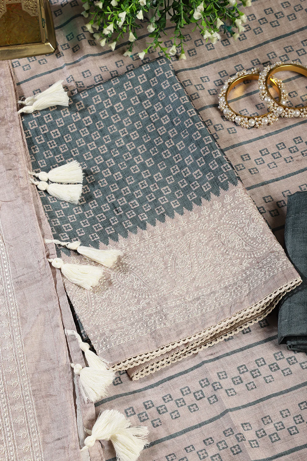 Mint Green Tussar Cotton Printed And Reham Embroidered Unstiched Suit Material - Image 4