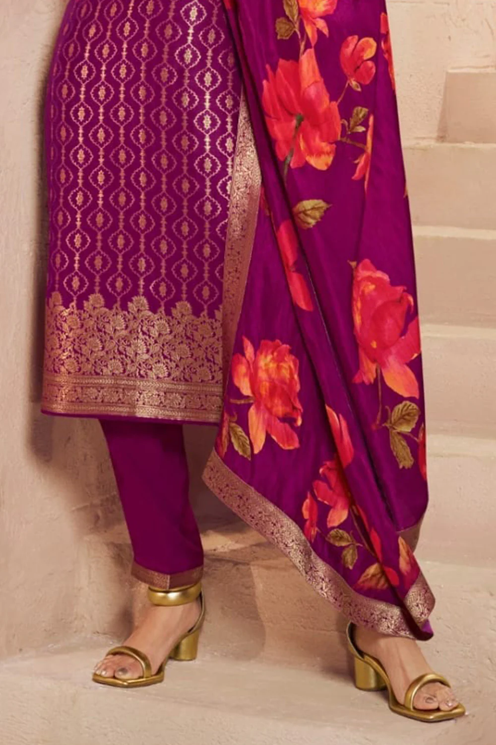 Mulberry Color Zari Woven & Embroidered Silk Suit - Image 3