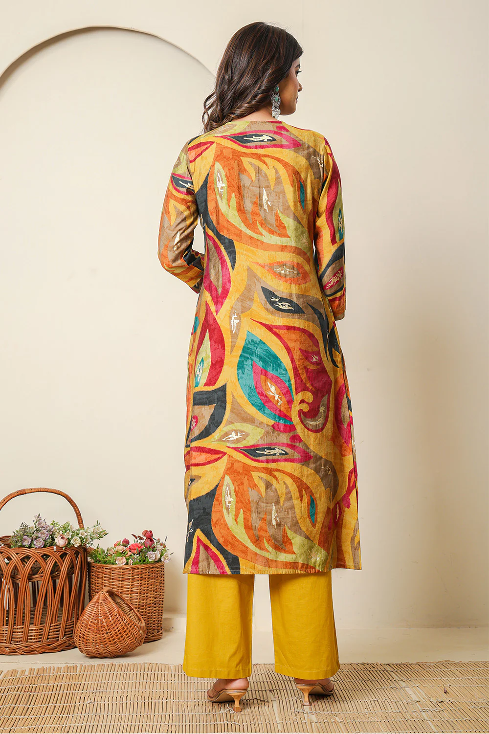 Mustard Abstract Printed Muslin Long Kurta - Image 3
