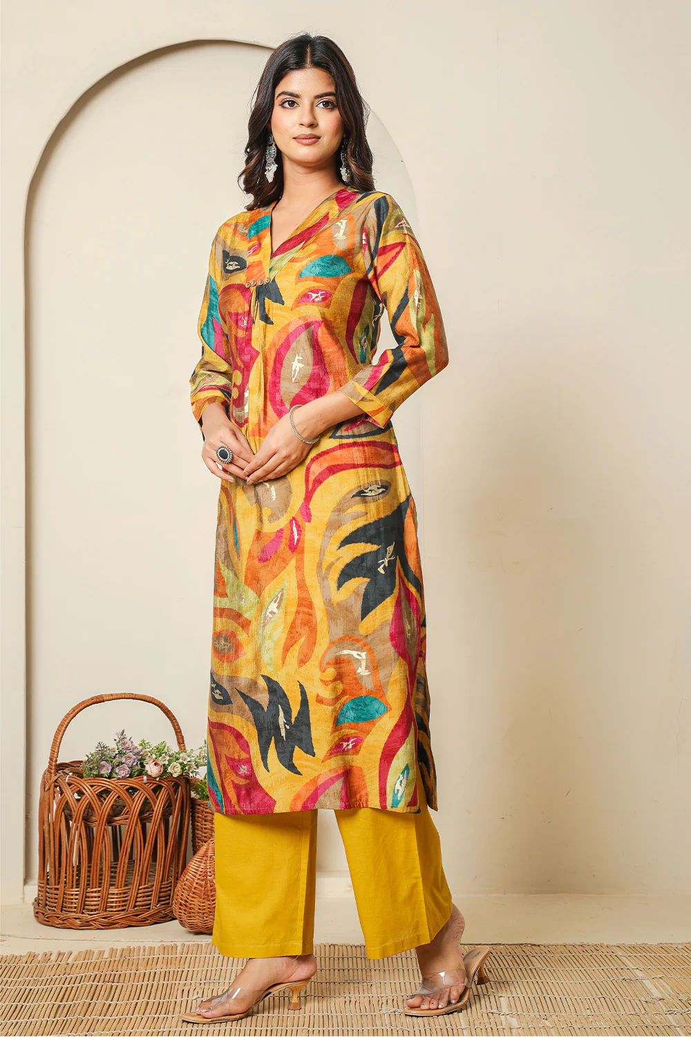 Mustard Abstract Printed Muslin Long Kurta - Image 4