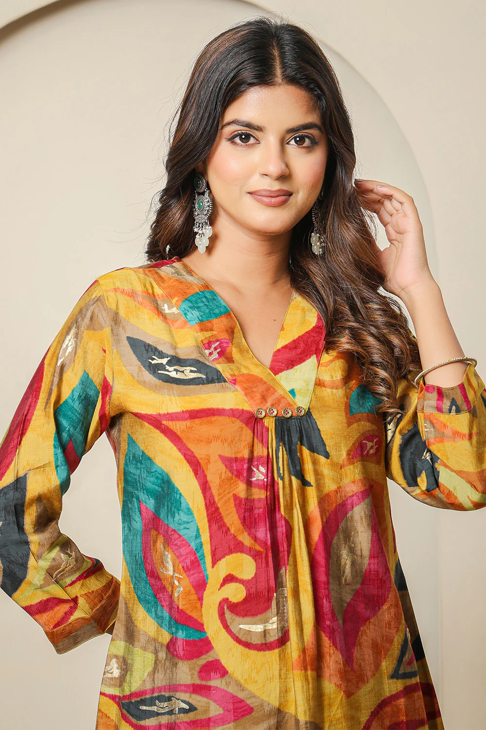 Mustard Abstract Printed Muslin Long Kurta - Image 6