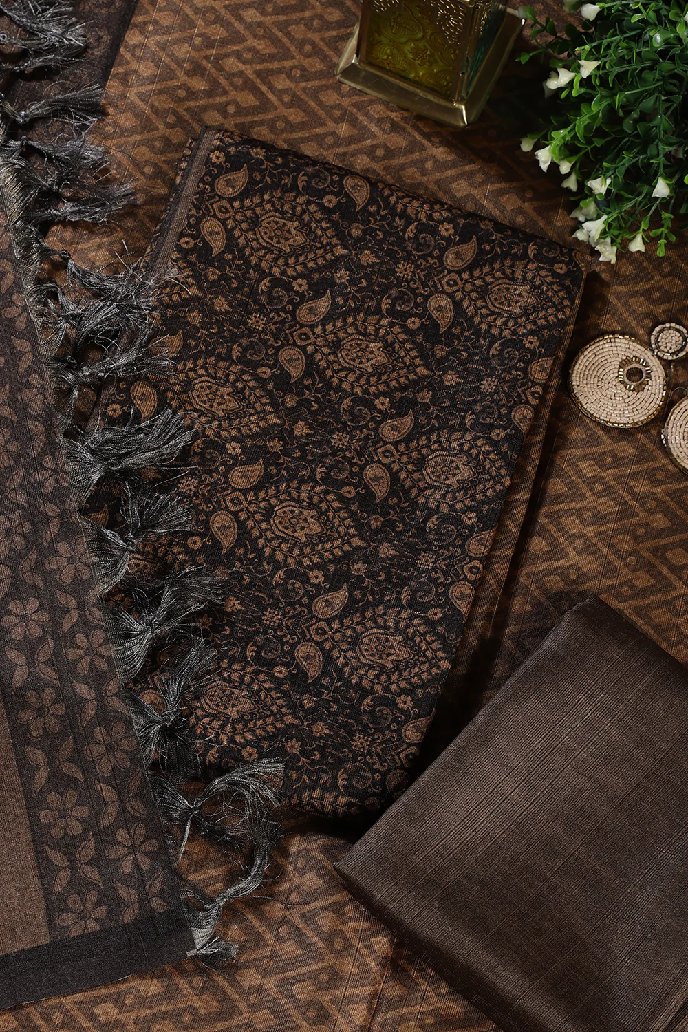 Mustard And Black Digital Printed Chanderi Cotton Unstiched Suit Material - Image 2