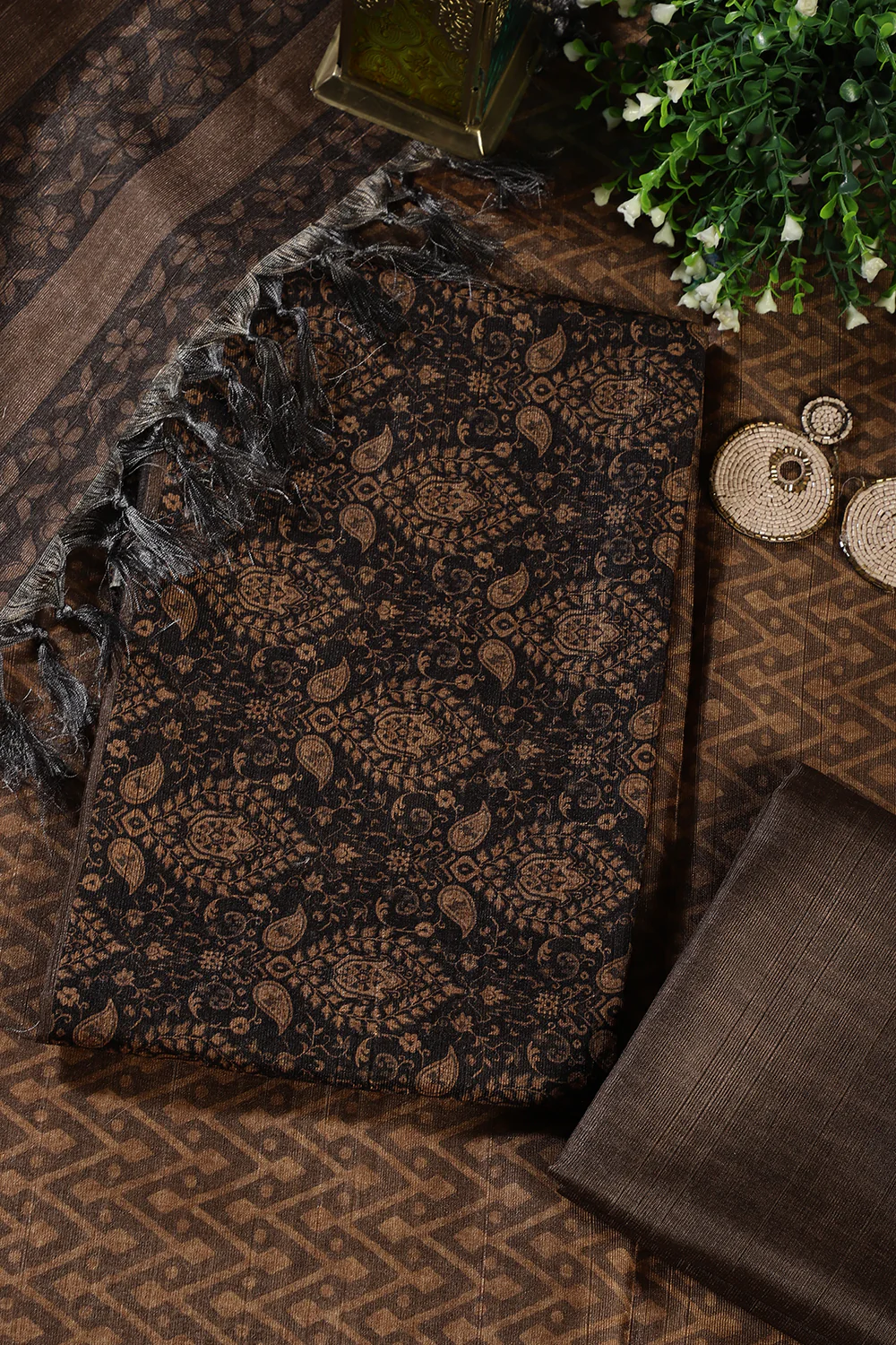 Mustard And Black Digital Printed Chanderi Cotton Unstiched Suit Material - Image 3