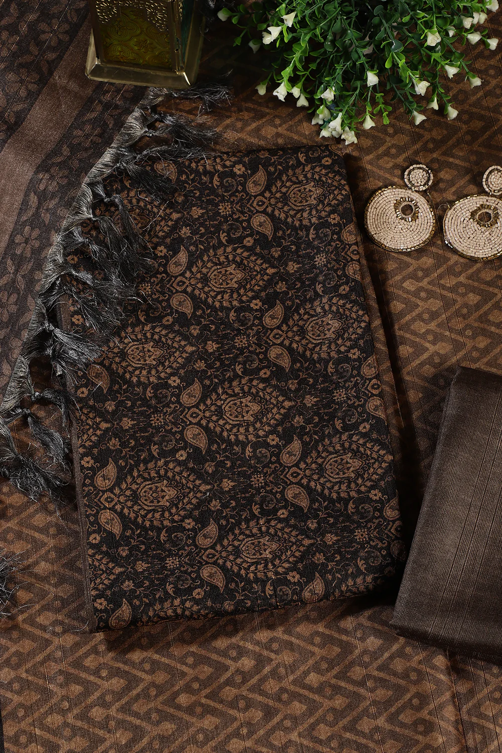 Mustard And Black Digital Printed Chanderi Cotton Unstiched Suit Material - Image 4