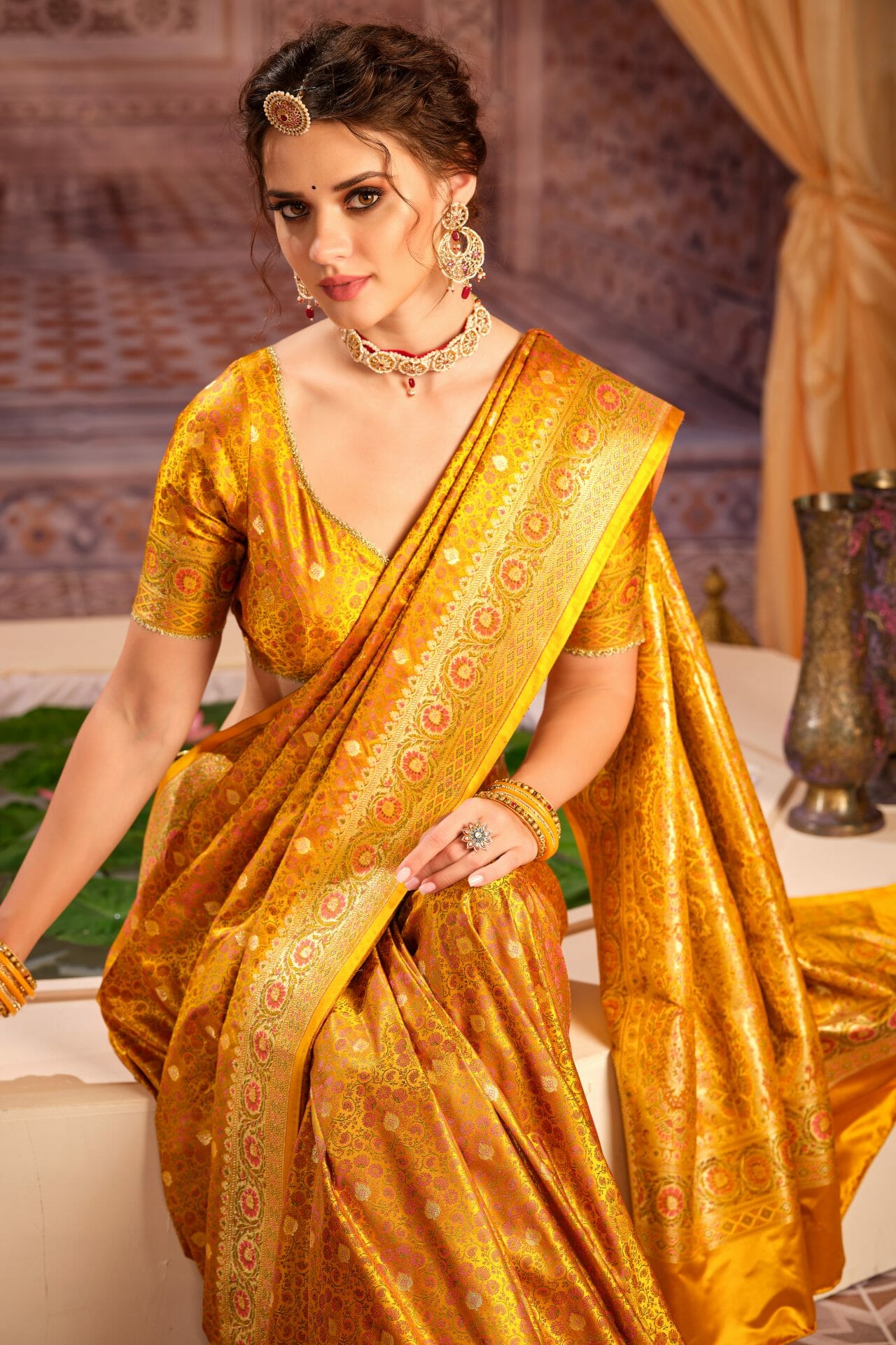 Mustard Banarasi Silk Saree - Image 3