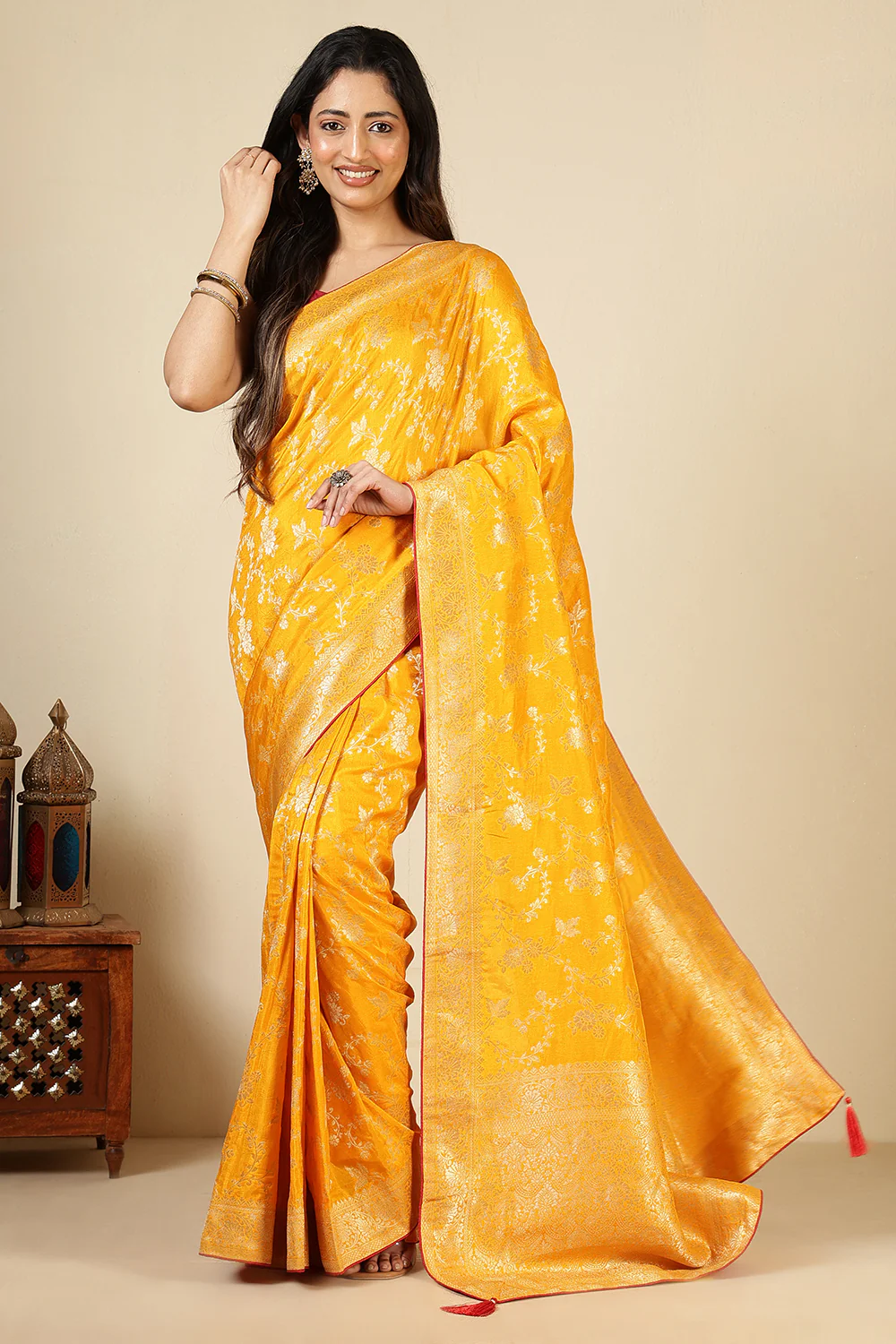 Mustard Banarasi Silk Zari Floral Zaal Woven Saree