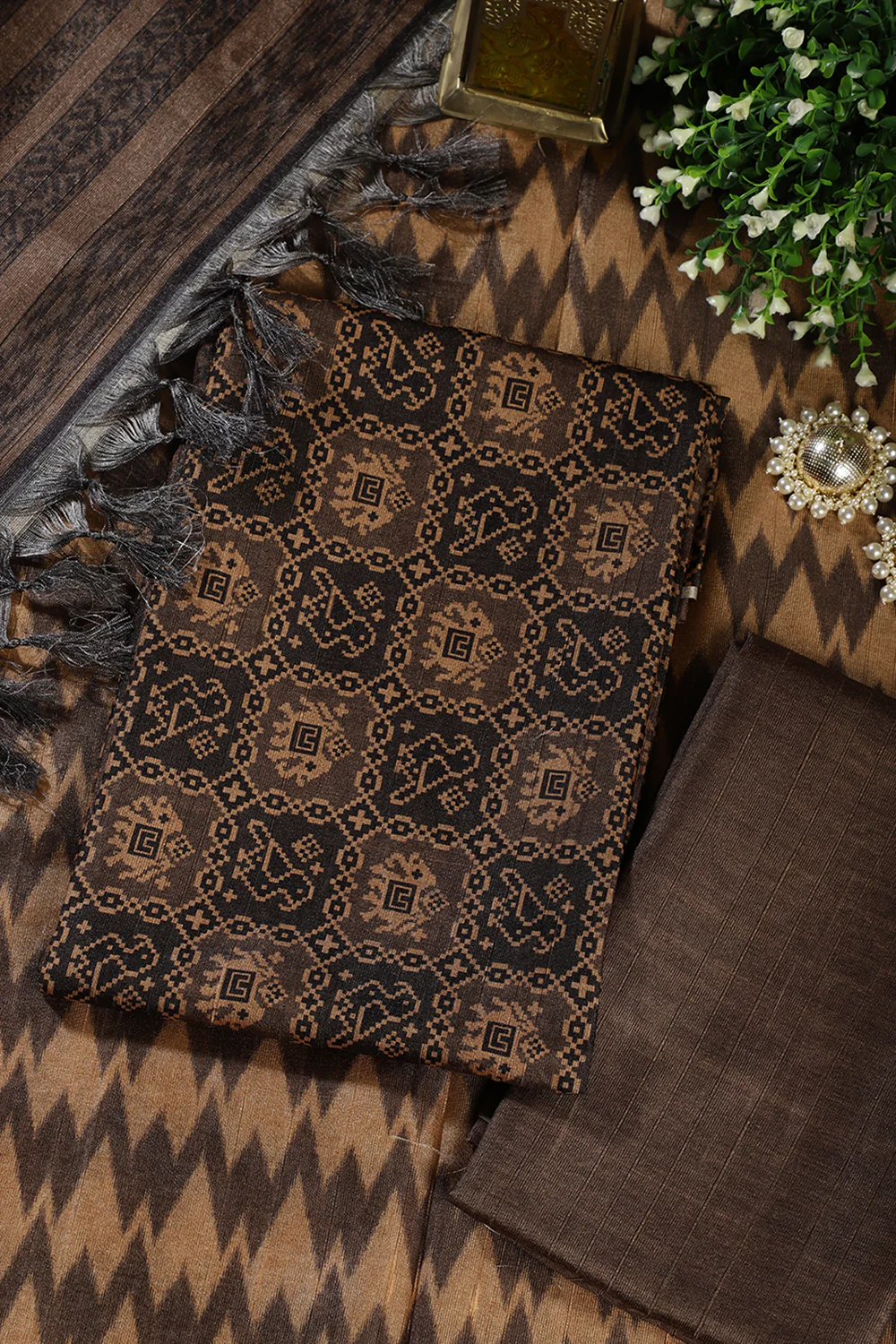 Mustard & Black Chanderi Cotton Digital Printed Unstiched Suit Material - Image 3