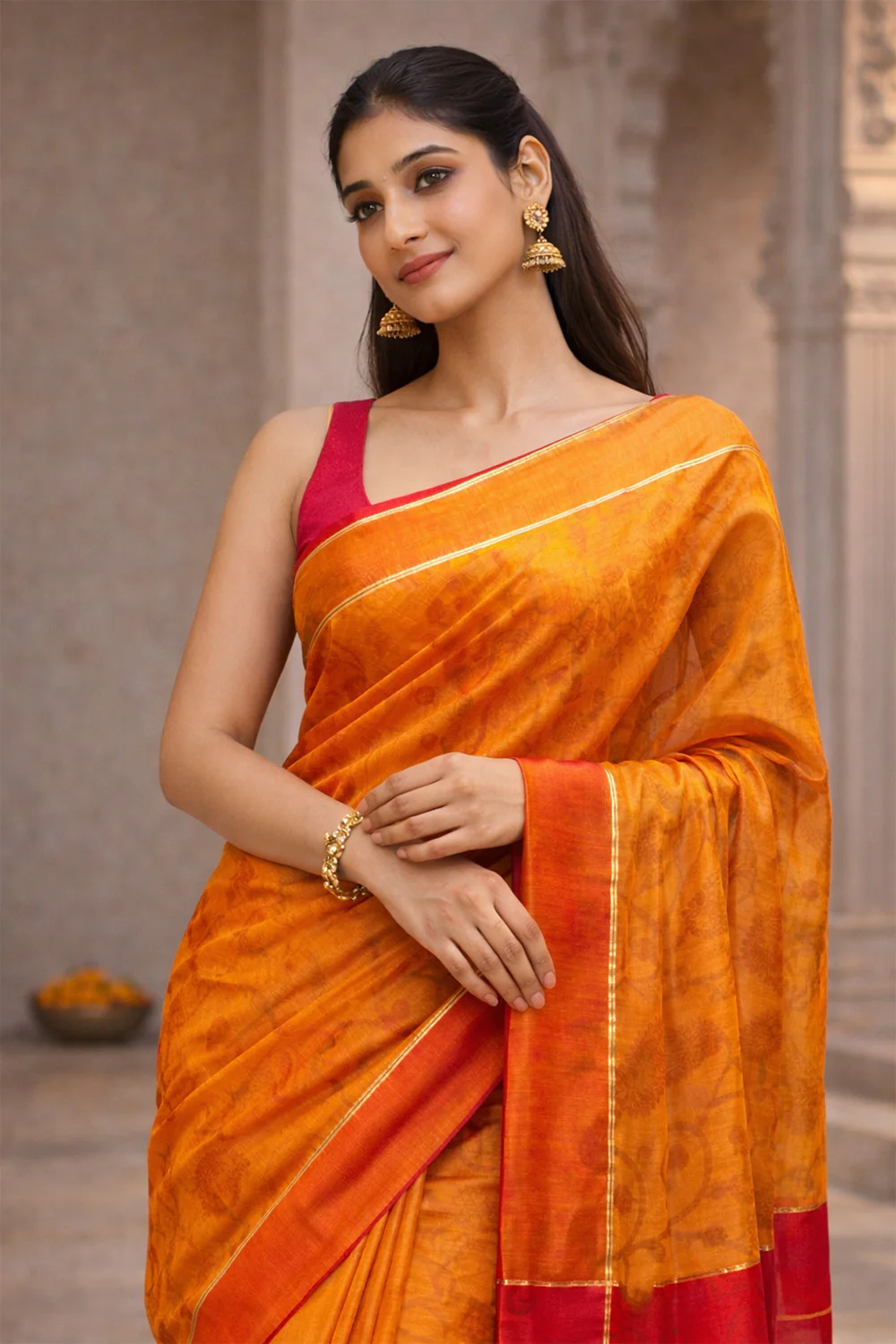 Mustard Chanderi Cotton Printes Saree - Image 2