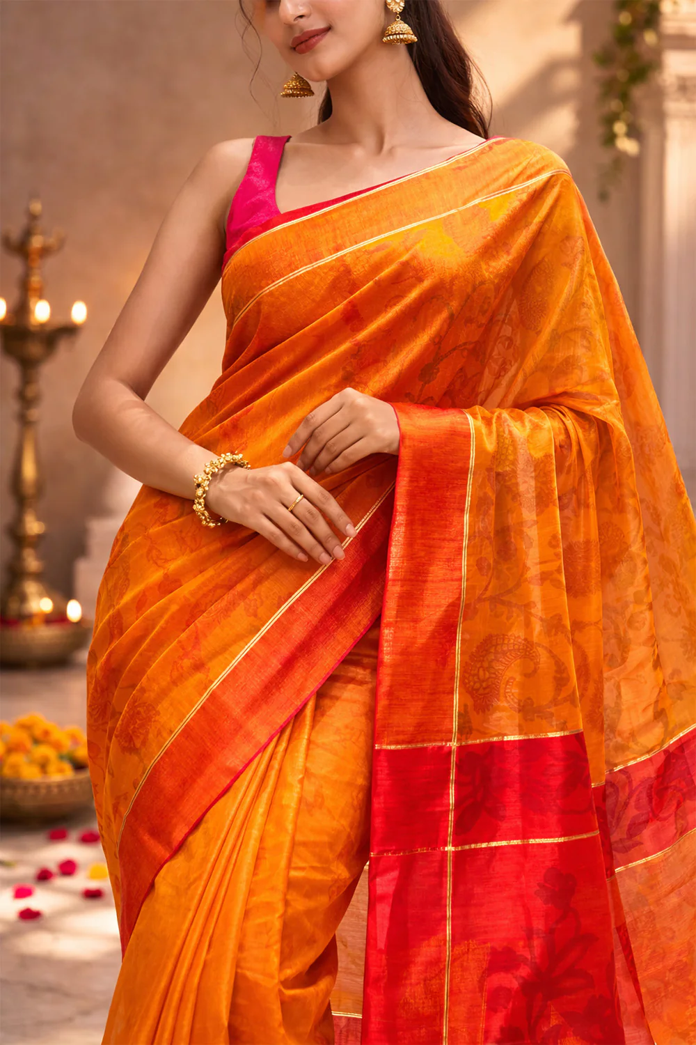Mustard Chanderi Cotton Printes Saree - Image 3