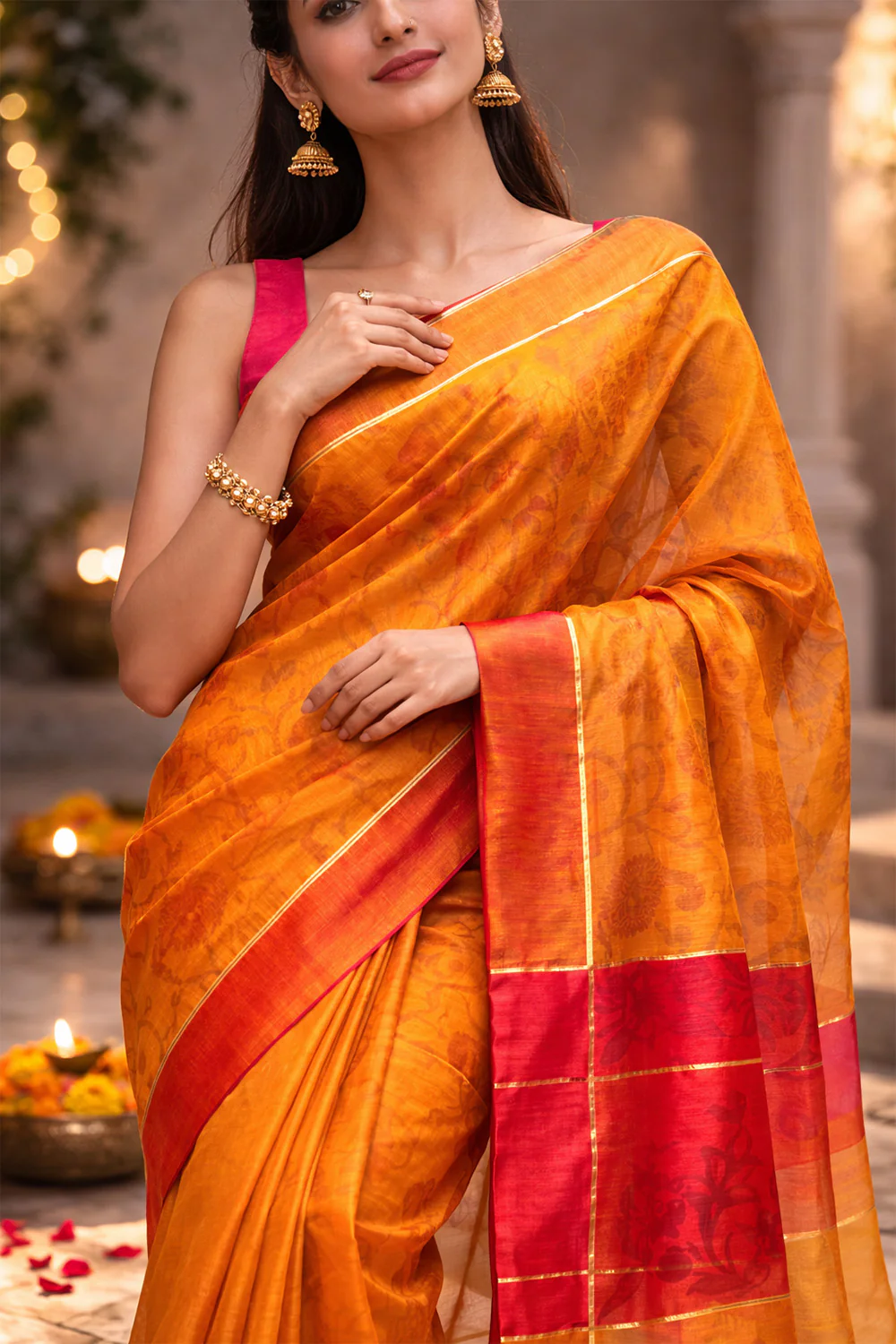 Mustard Chanderi Cotton Printes Saree - Image 4