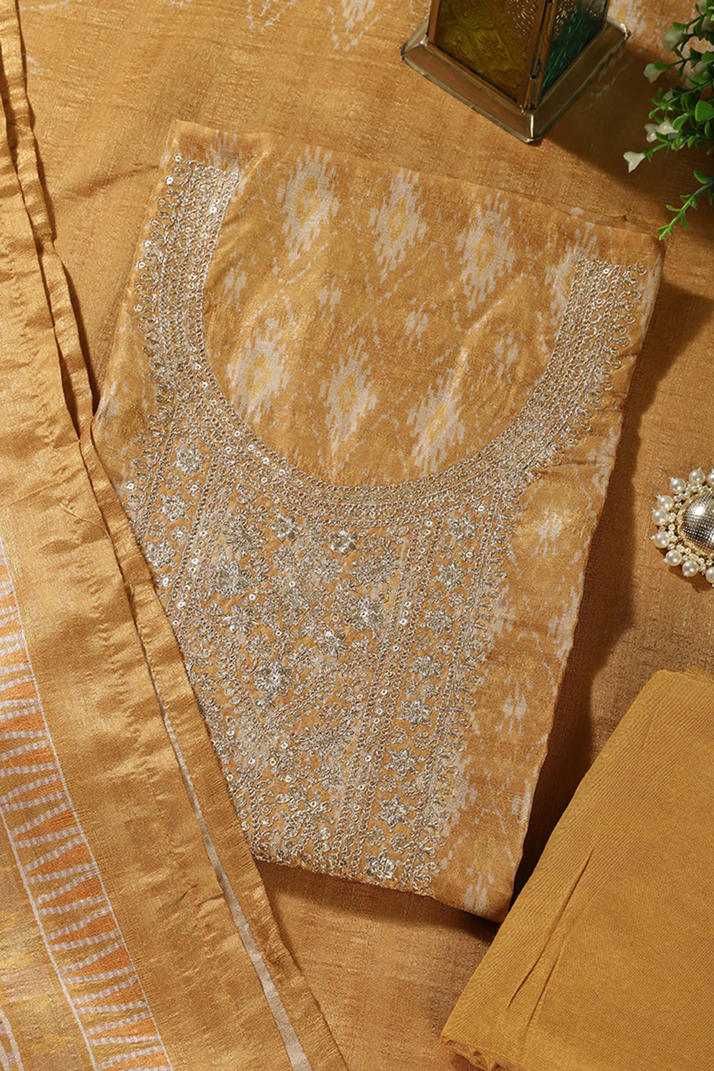 Mustard Chanderi Silk Neck Embroidered Unstitched Suit Material - Image 2