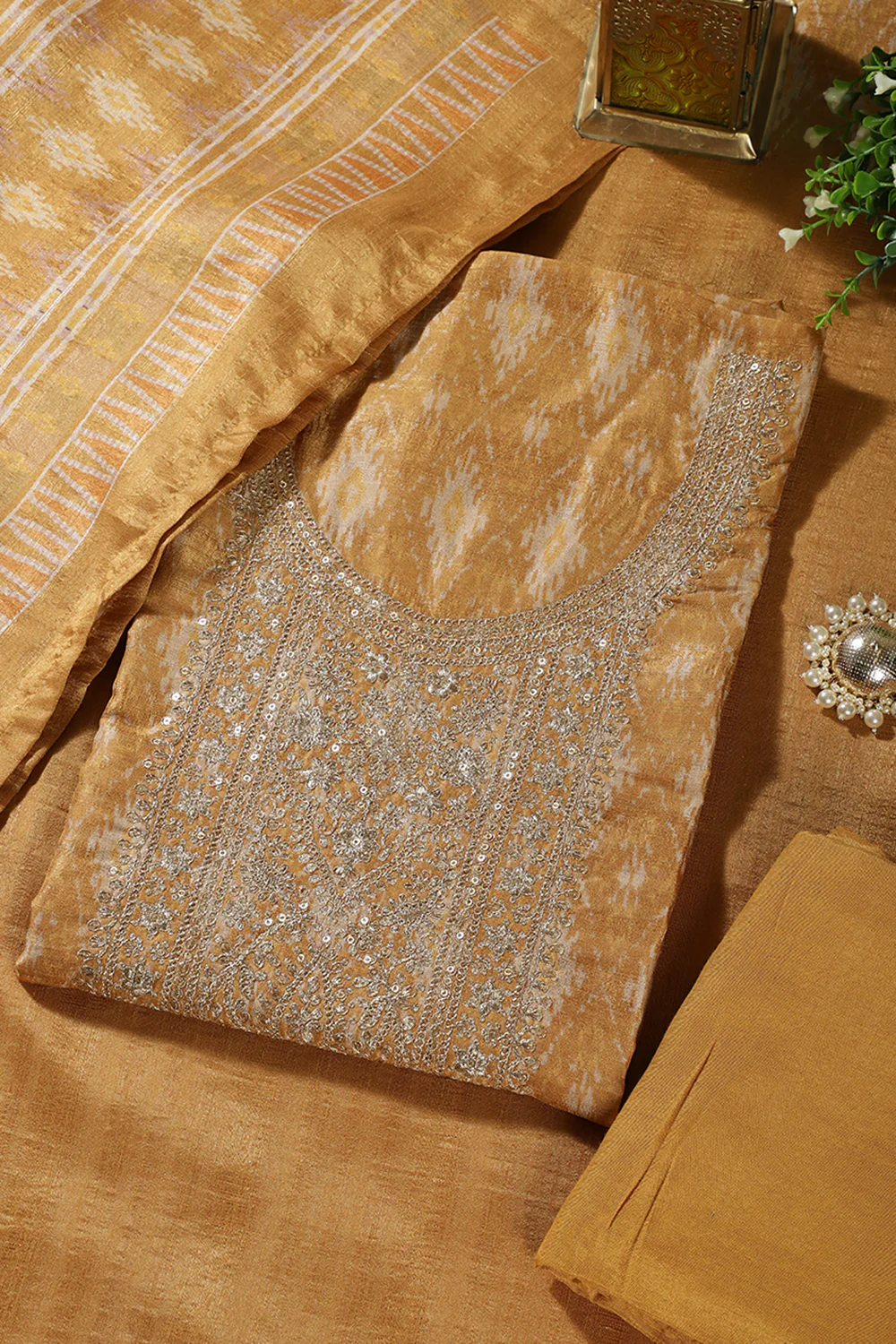 Mustard Chanderi Silk Neck Embroidered Unstitched Suit Material - Image 4