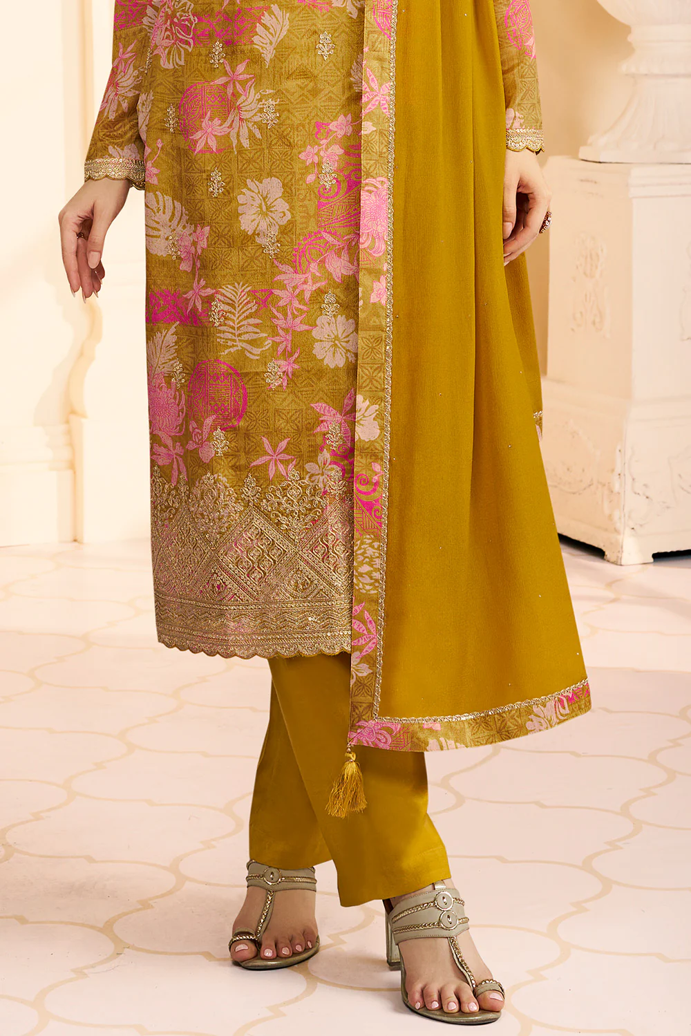 Mustard Chinone Silk Floral Printed And Embroidered Unstitched Suit Fabric - Image 3