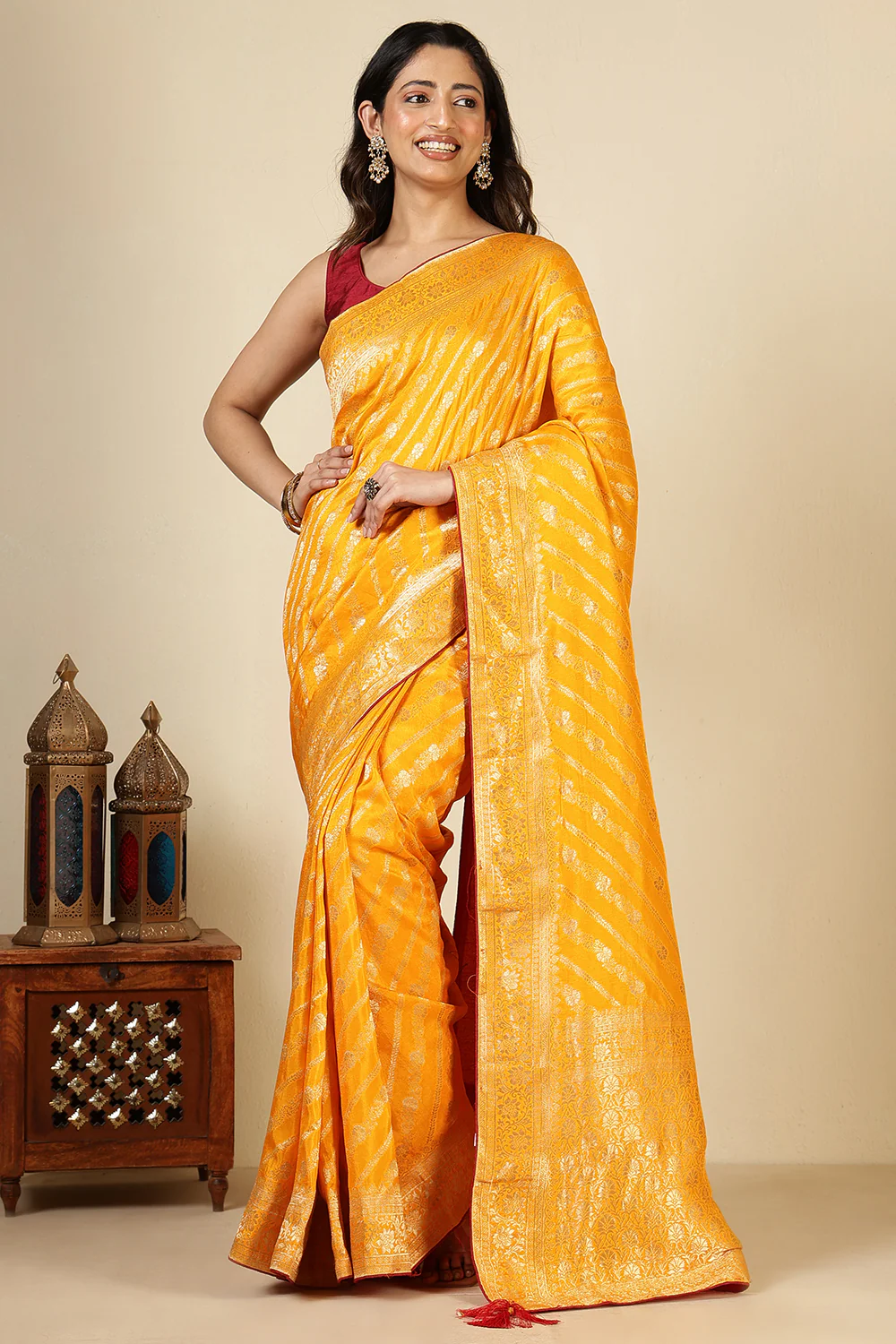 Mustard Color Banarasi Woven Tussar Silk Saree - Image 2