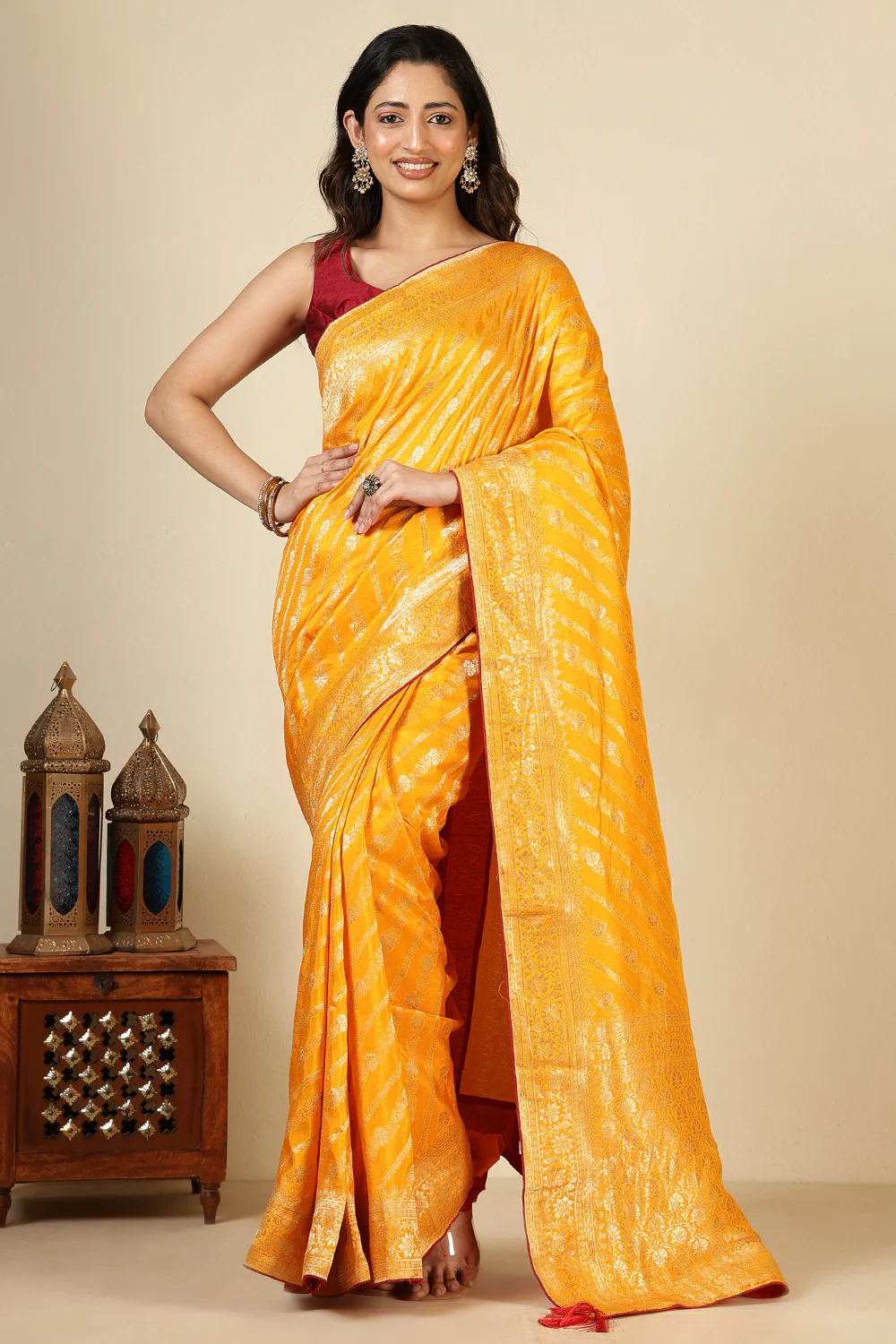 Mustard Color Banarasi Woven Tussar Silk Saree - Image 3