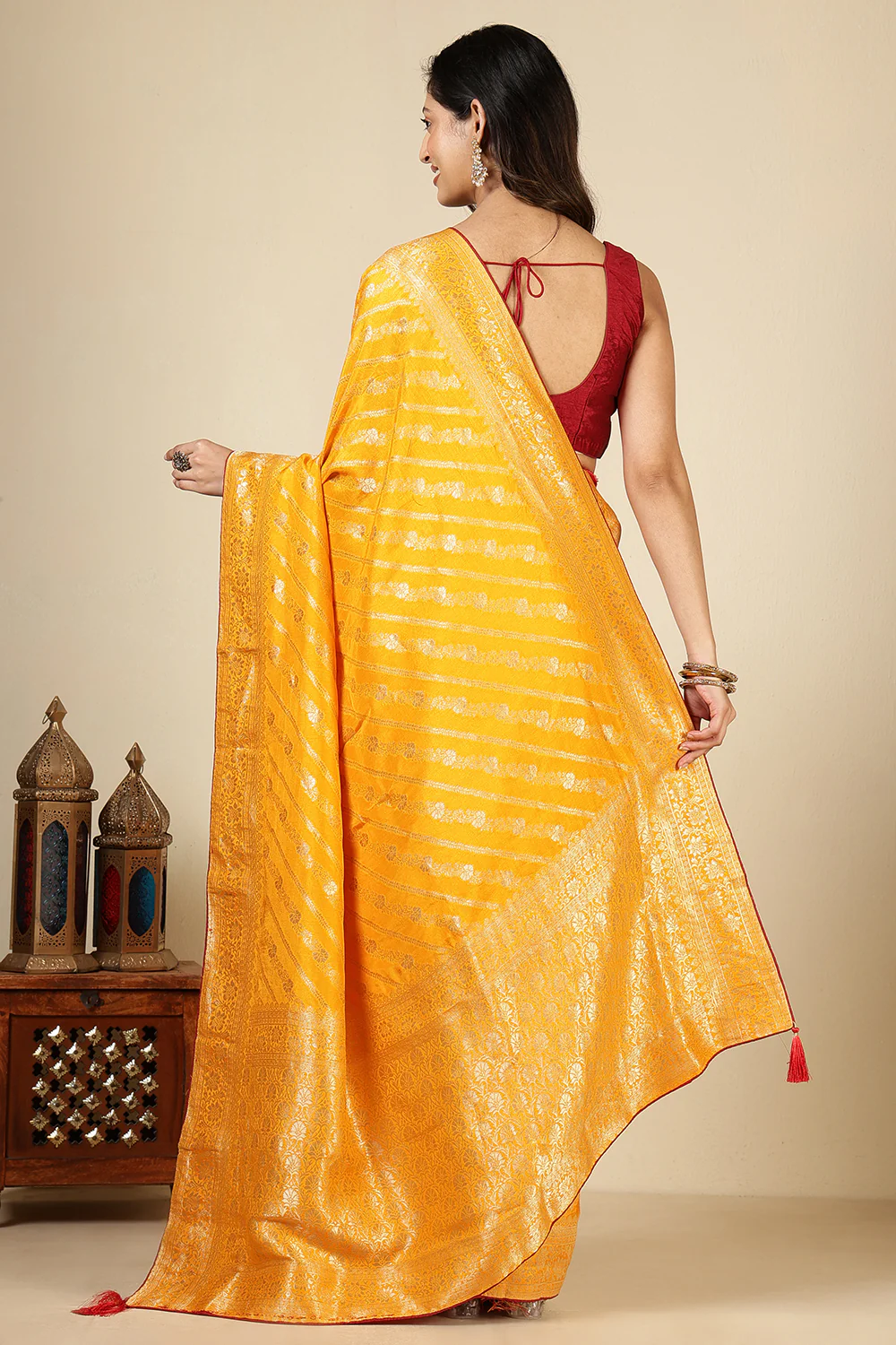 Mustard Color Banarasi Woven Tussar Silk Saree - Image 5