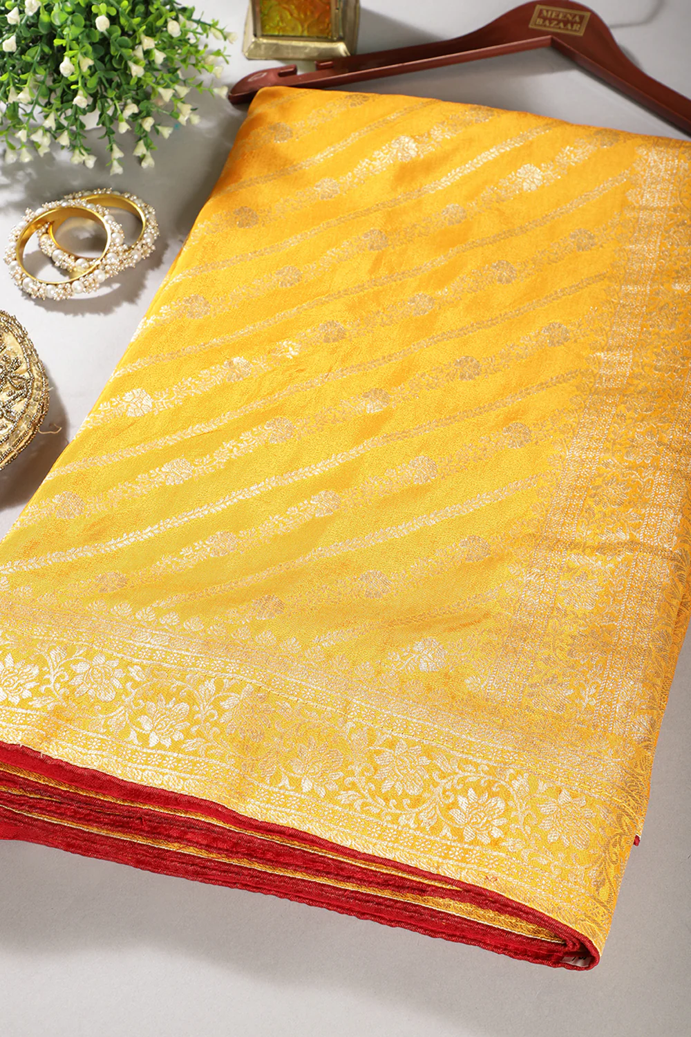 Mustard Color Banarasi Woven Tussar Silk Saree - Image 6