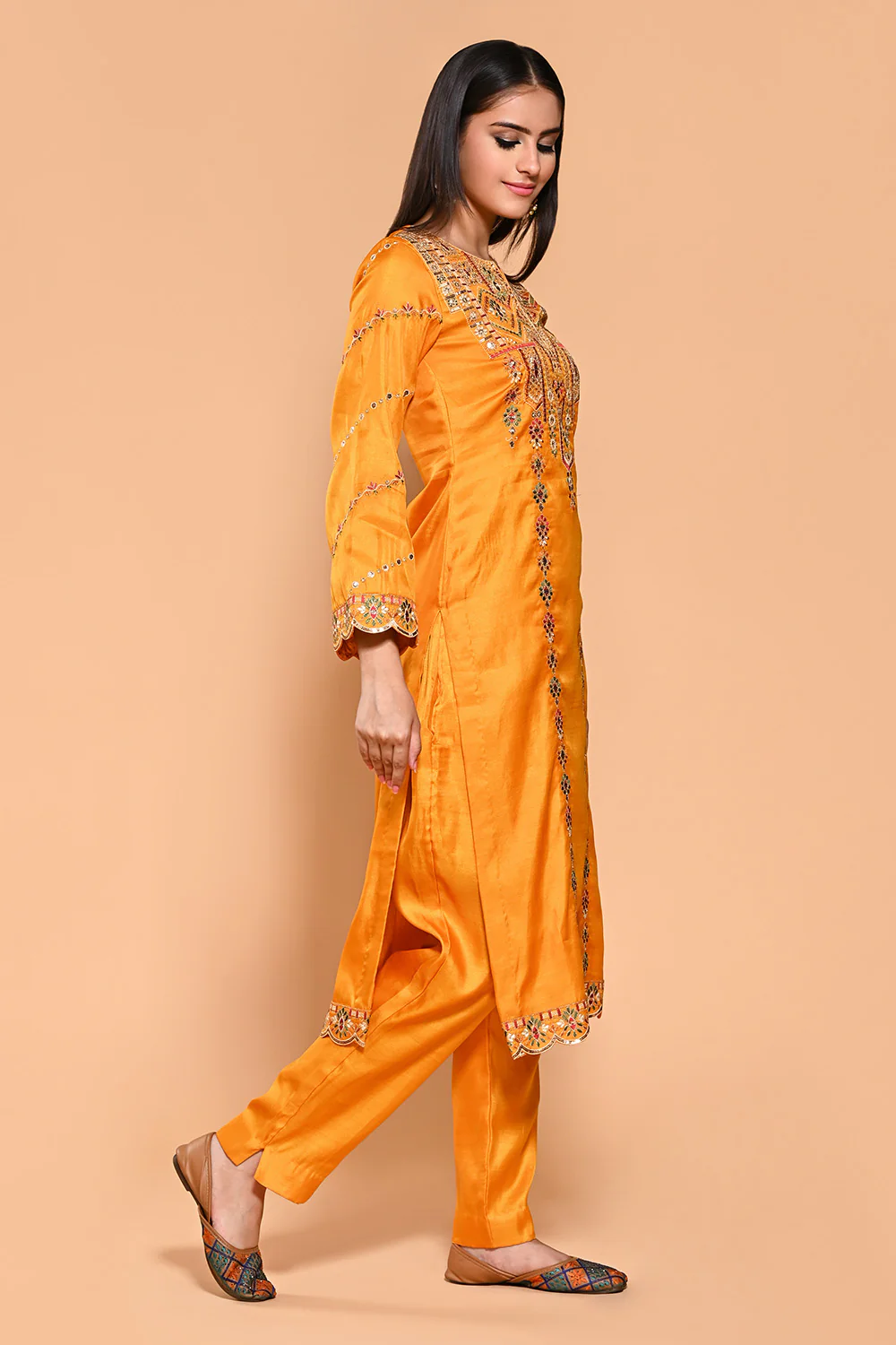 Mustard Color Dola Silk Resham & Zari Embroidered Suit - Image 3