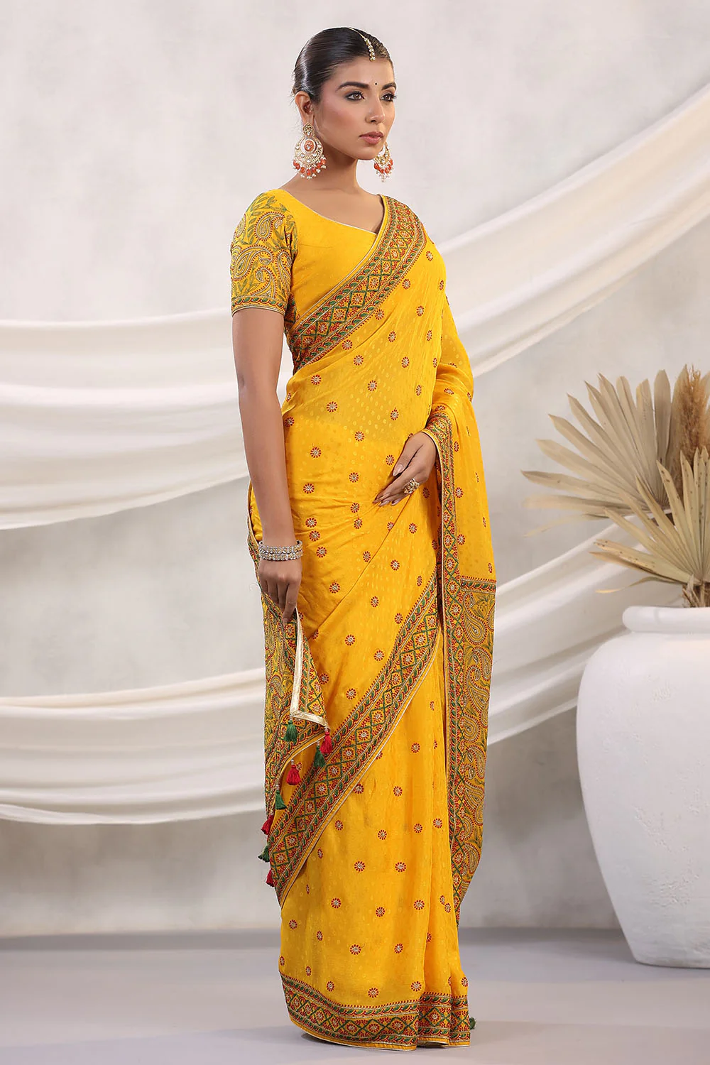 Mustard Color Embroidered Georgette Saree - Image 3