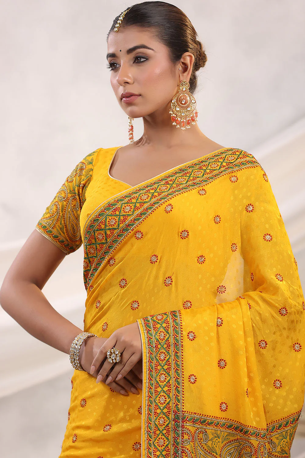 Mustard Color Embroidered Georgette Saree - Image 6