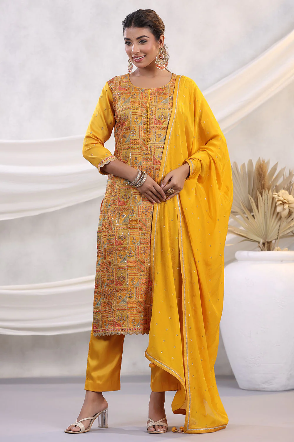 Mustard Color Embroidered Georgette Unstitched Suit Fabric - Image 5