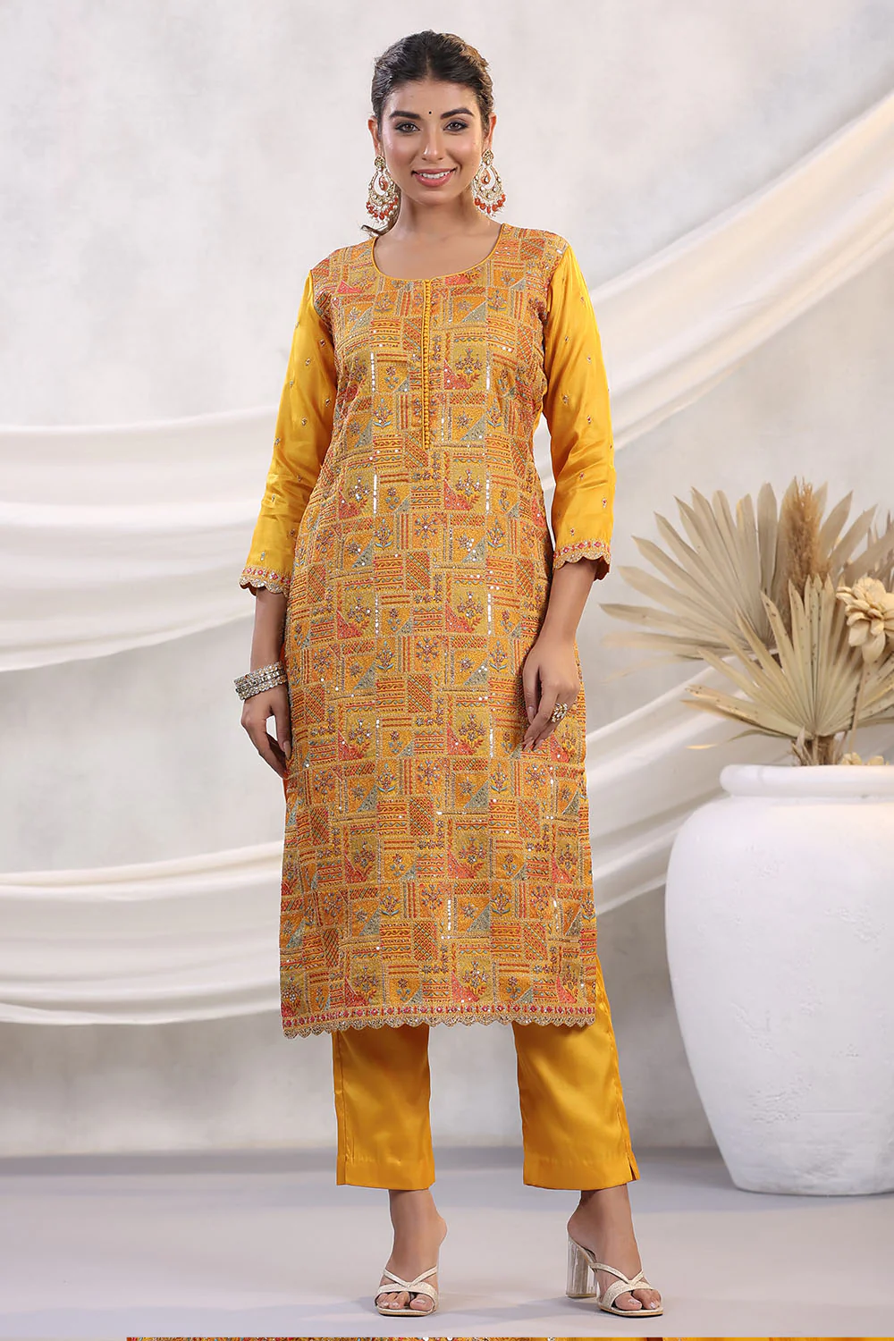 Mustard Color Embroidered Georgette Unstitched Suit Fabric - Image 6