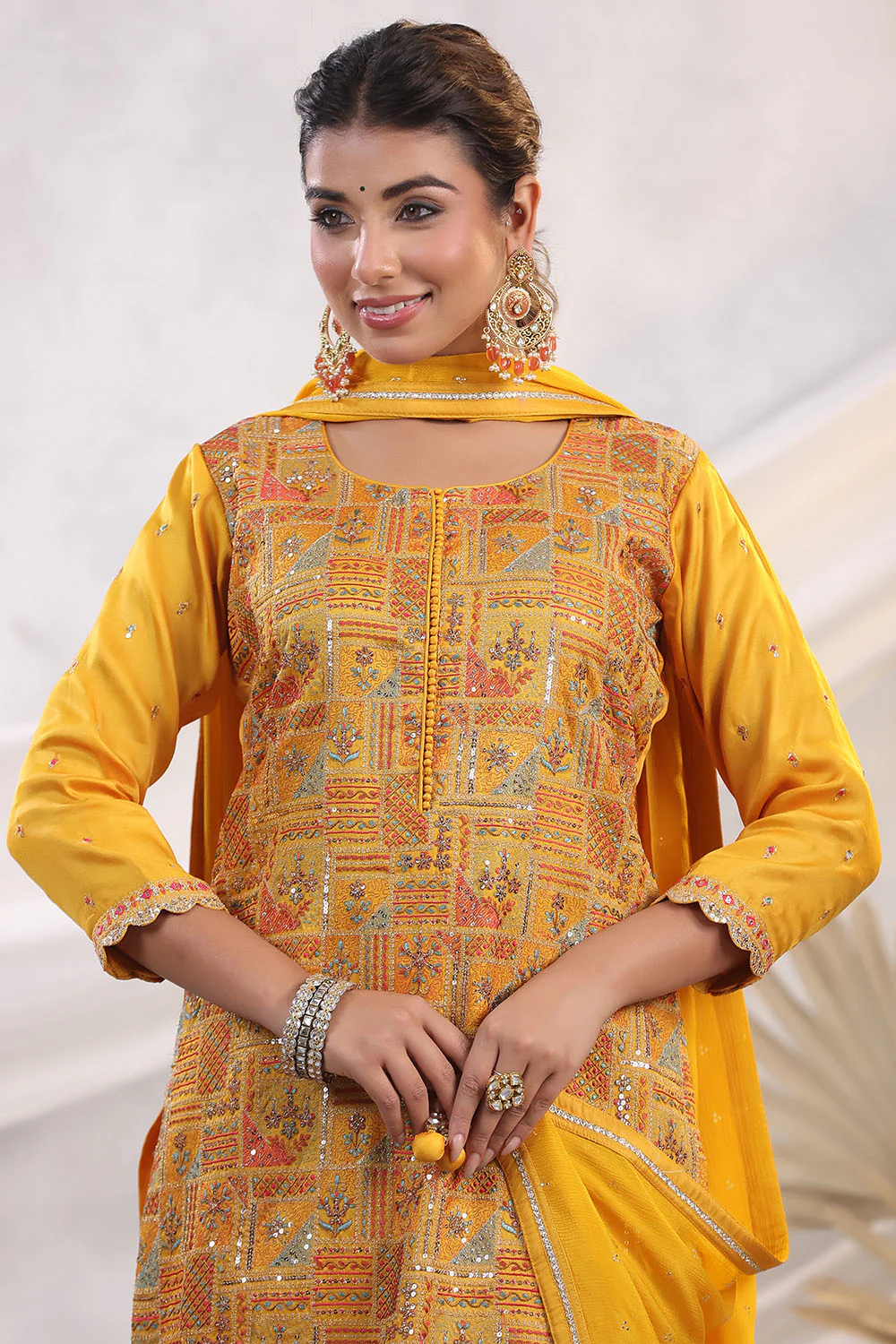 Mustard Color Embroidered Georgette Unstitched Suit Fabric - Image 7