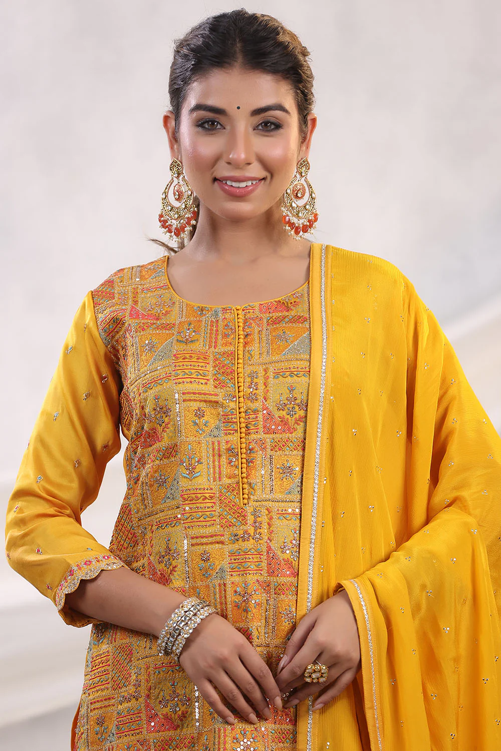 Mustard Color Embroidered Georgette Unstitched Suit Fabric - Image 8
