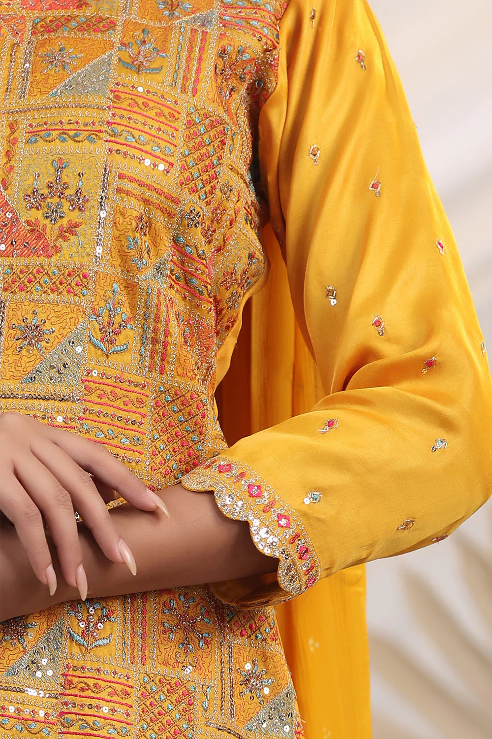 Mustard Color Embroidered Georgette Unstitched Suit Fabric - Image 9