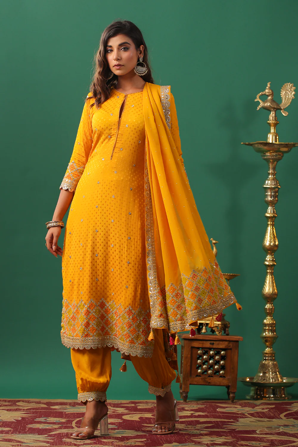Mustard Color Embroidered Georgette Unstitched Suit Material - Image 4