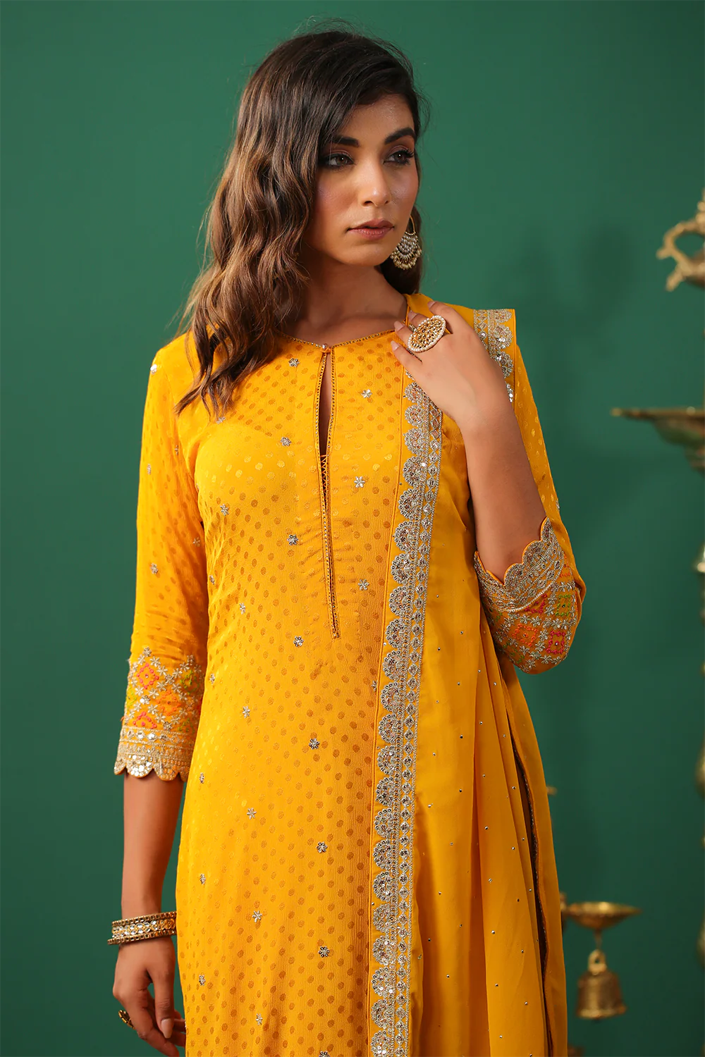 Mustard Color Embroidered Georgette Unstitched Suit Material - Image 8