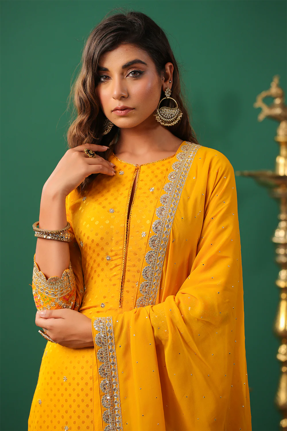 Mustard Color Embroidered Georgette Unstitched Suit Material - Image 9