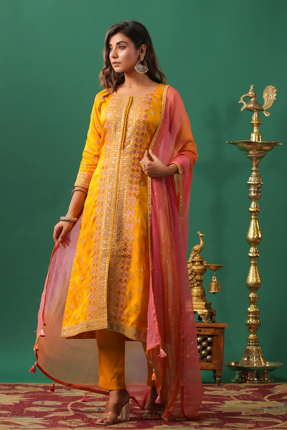Mustard Color Embroidered Silk Unstitched Suit Material - Image 3
