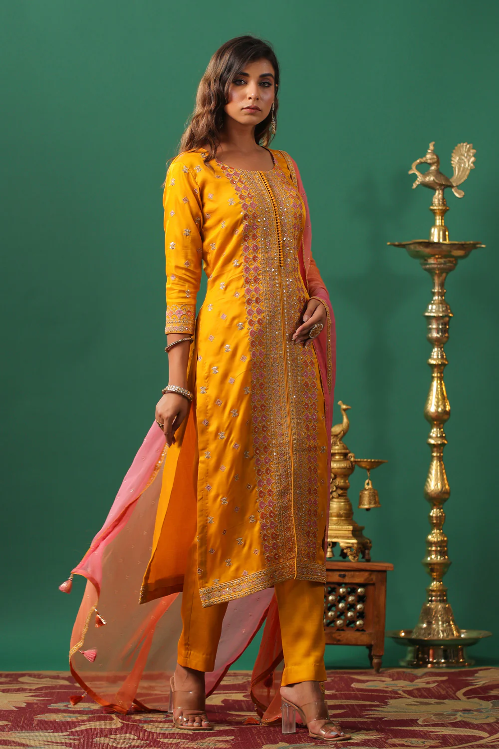 Mustard Color Embroidered Silk Unstitched Suit Material - Image 4